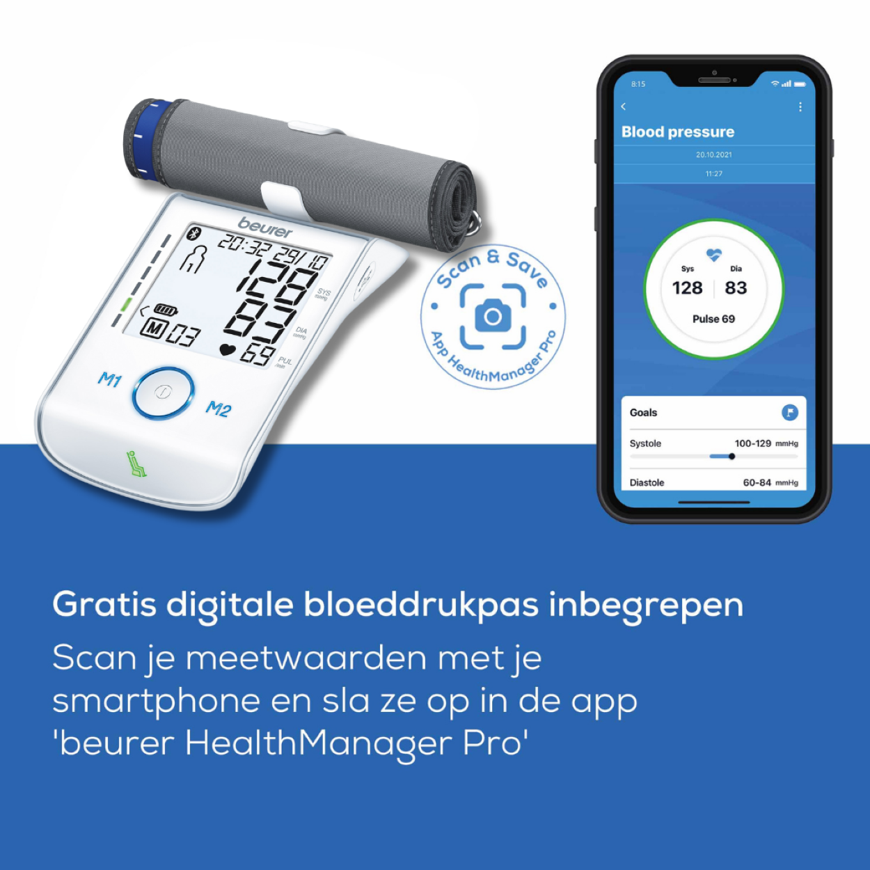 Blutdruckmessgerät mit Manschette, Smartphone mit App-Bildschirm, weißer Hintergrund.