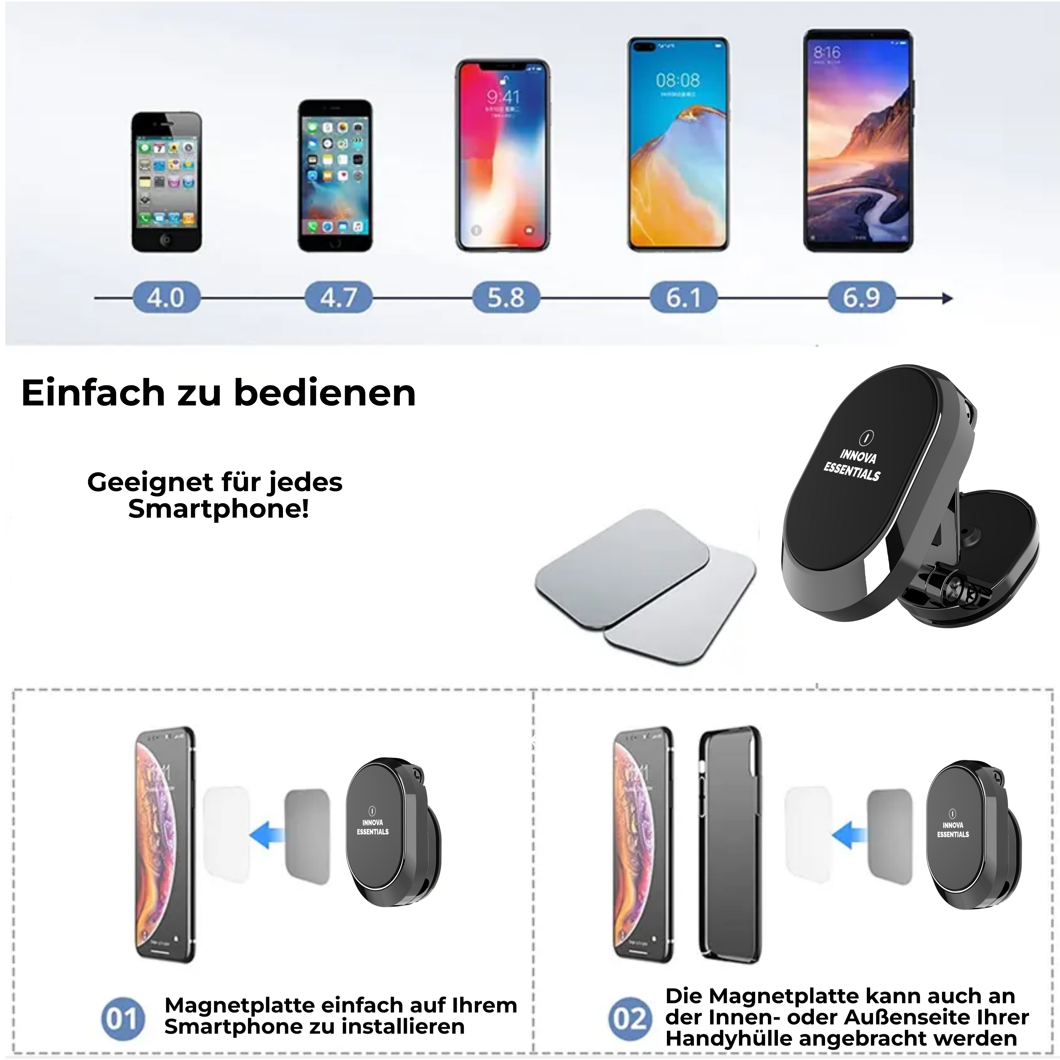 Smartphone-Halter mit Anweisungen. Handys verschiedener Größen werden gezeigt. Weißer Hintergrund mit Text.