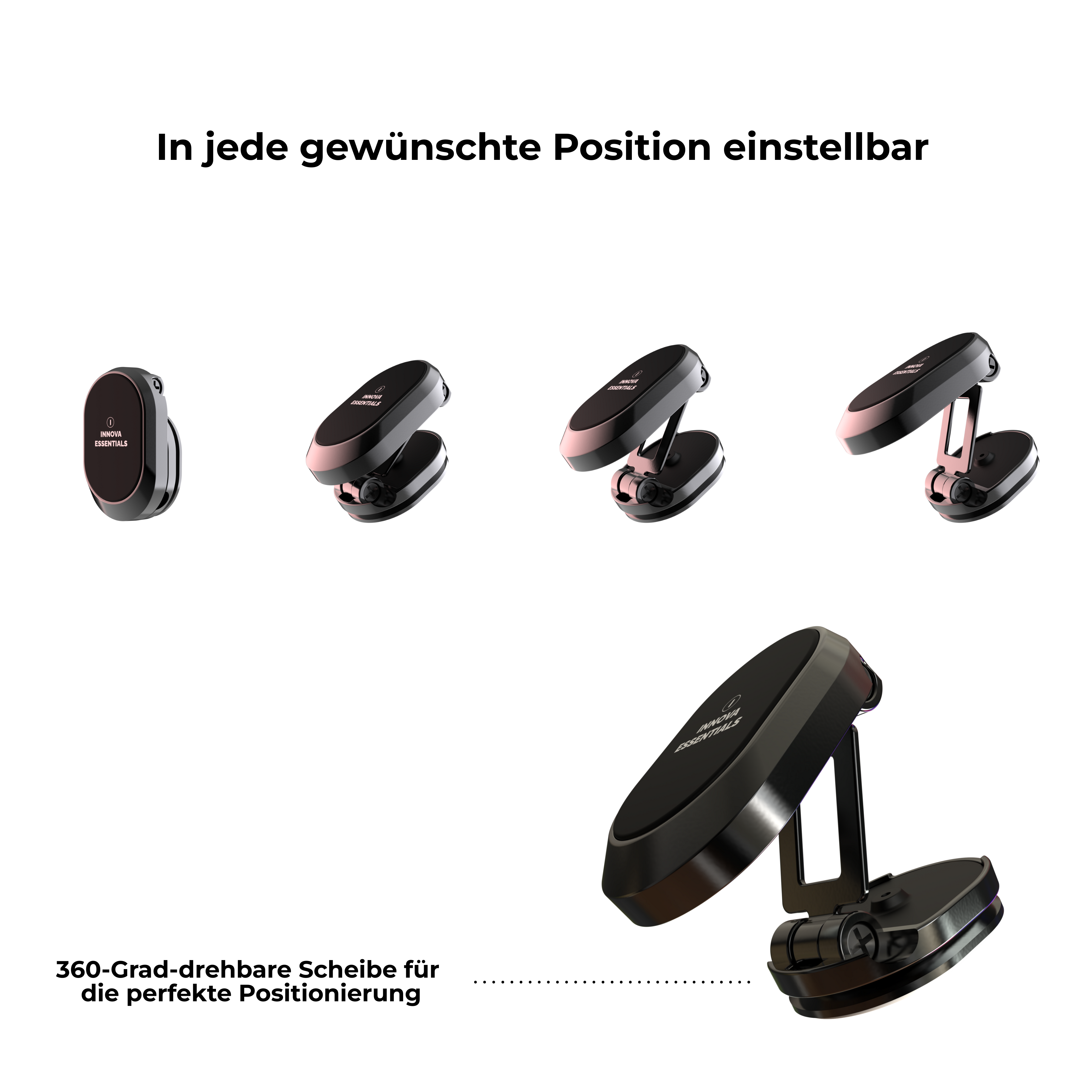 Schwarzer und rosa Telefonhalter. Text lautet: in jede Position einstellbar. 360-Grad-Drehscheibe.
