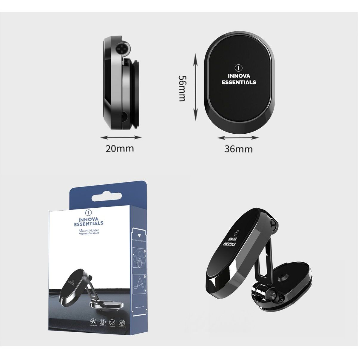 Telefon-Autohalterung mit Magnet und Verpackung. Schwarze Farbe, weißer Hintergrund.