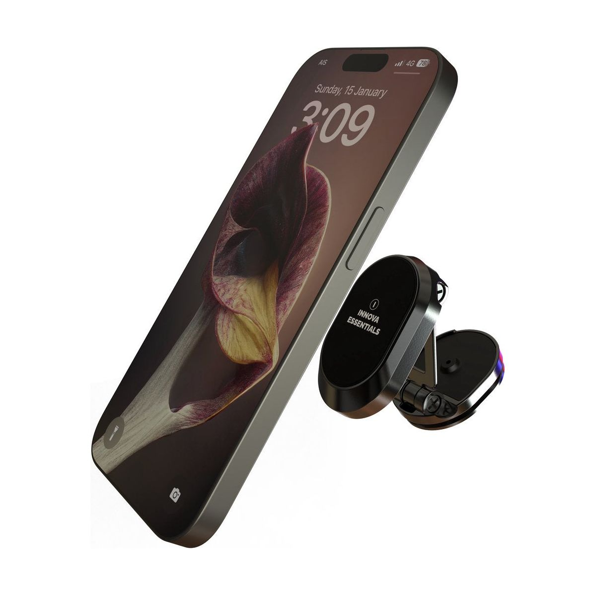 Ein Smartphone, eine Telefonhalterung und ein Telefon.