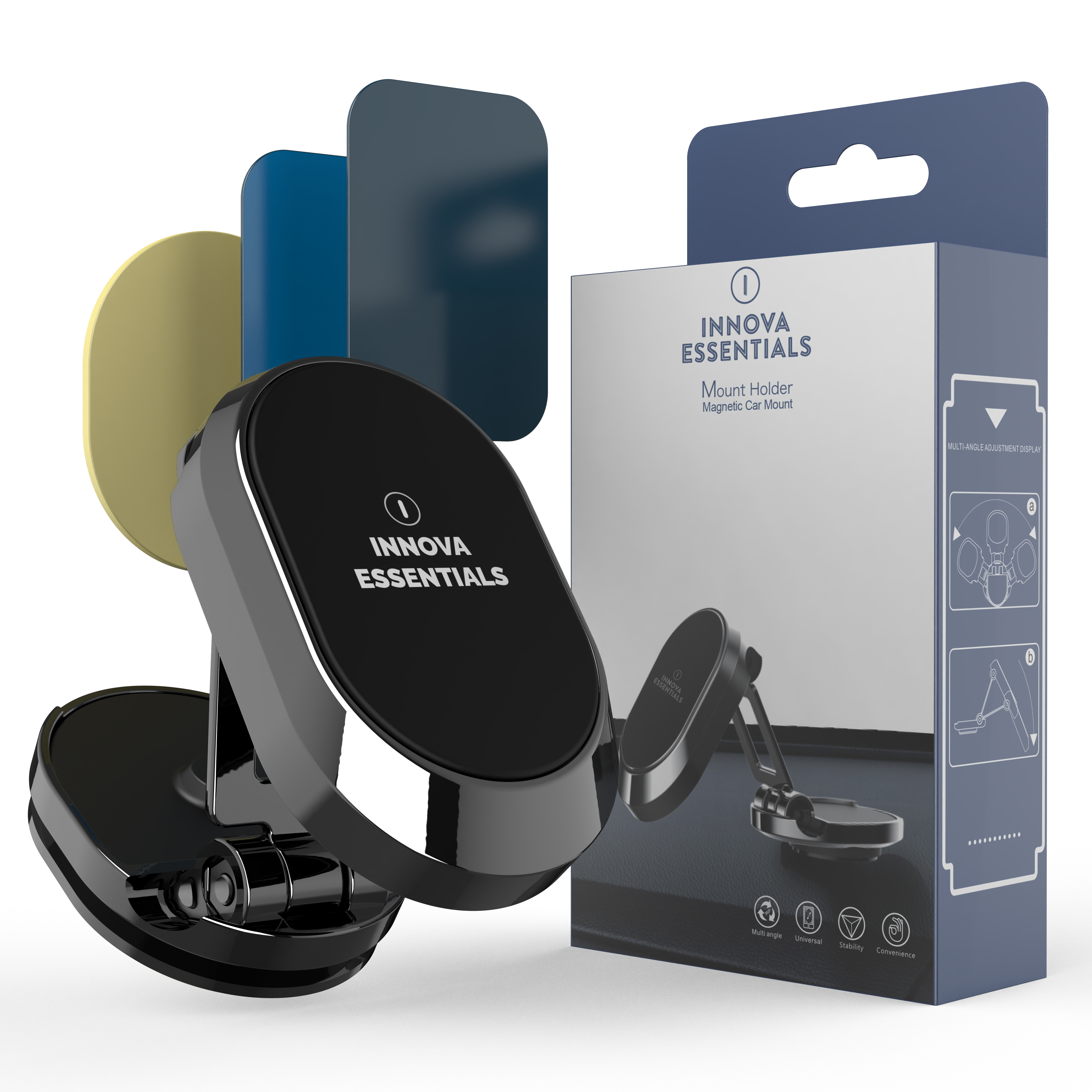 Eine schwarze Autohalterung und farbenfrohe Platten mit einer Produktbox.