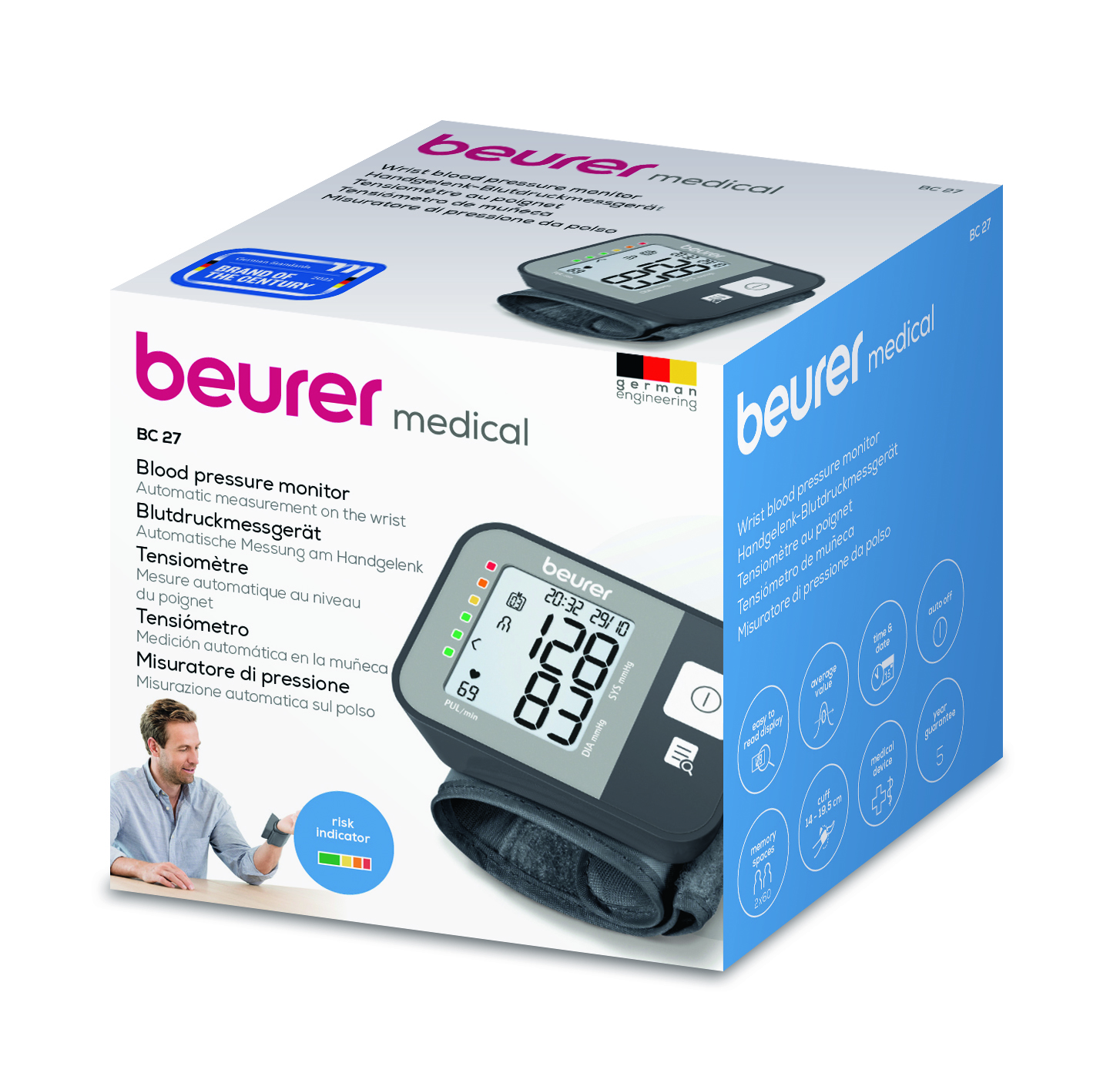 Blutdruckmessgerät im Karton. Marke Beurer. Zeigt Monitor, Manschette und Produktmerkmale.