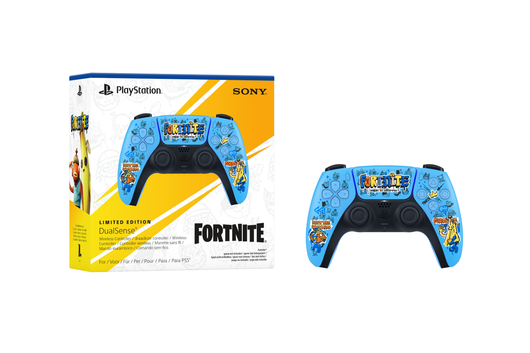 Kontroler Fortnite Playstation 5 z pudełkiem na czarnym tle.