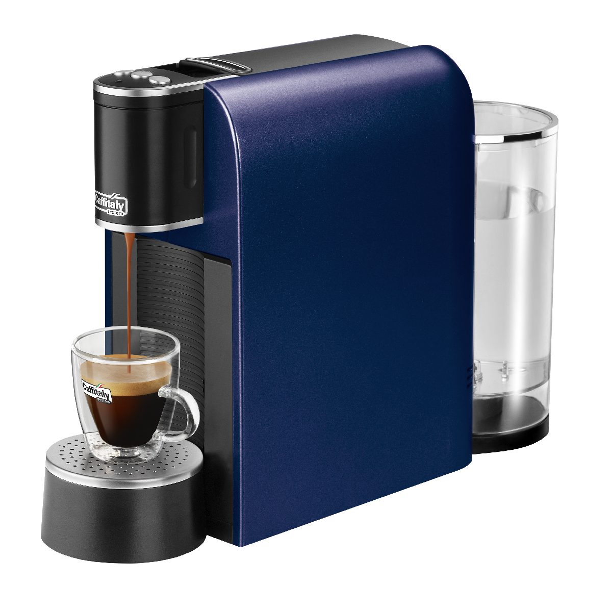 Blaue Espressomaschine mit Kaffeetasse und Wassertank.