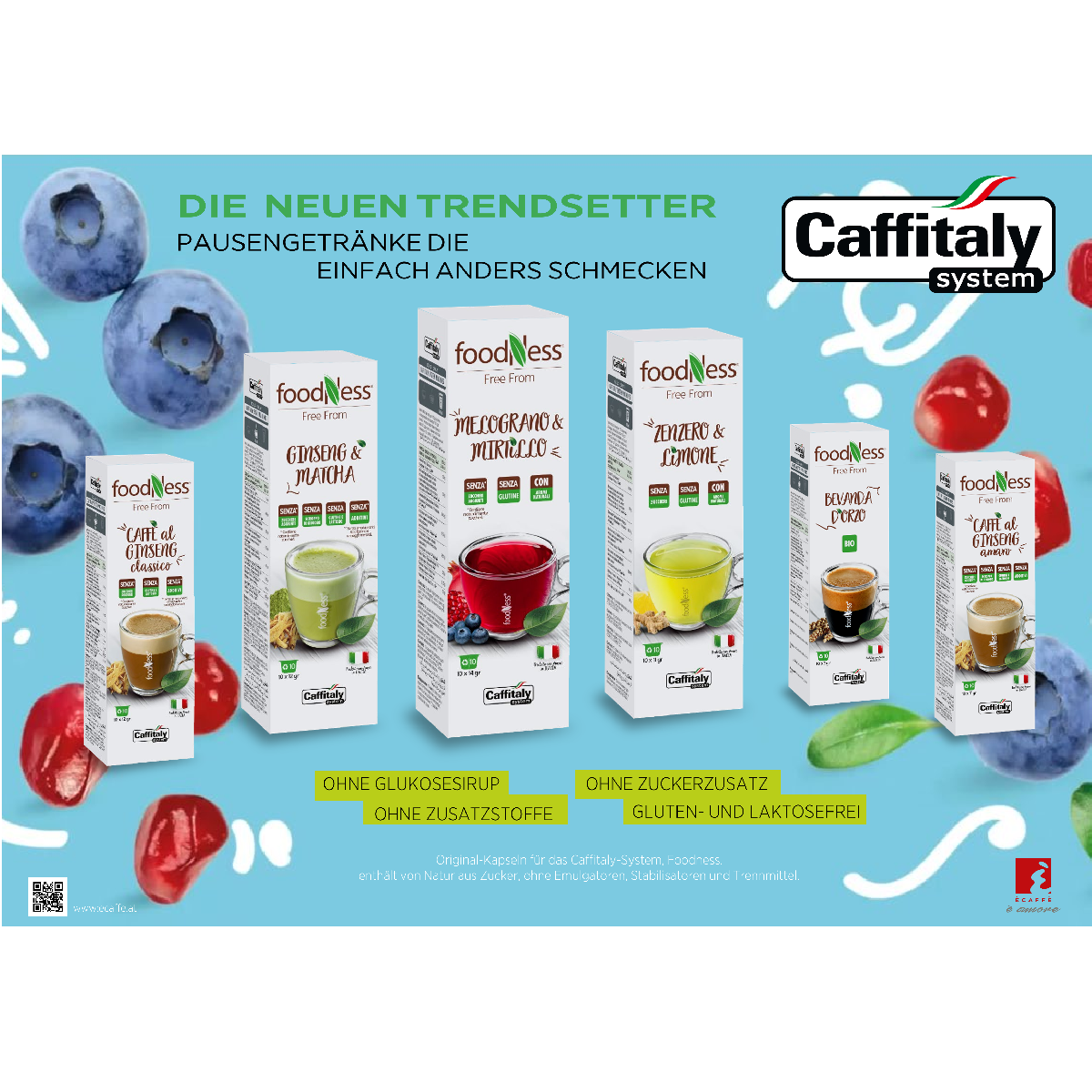 Eine Anzeige von Kaffeepads und Blaubeeren, mit Text auf Deutsch, auf weißem Grund.