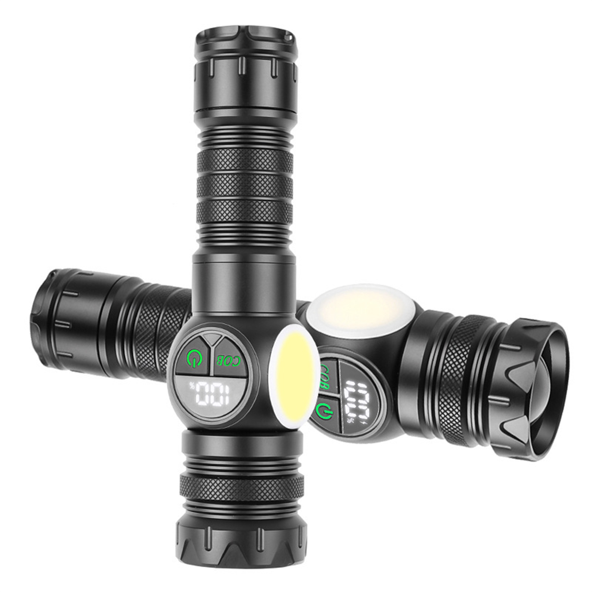 Zwei schwarze Taschenlampen mit Digitalanzeigen. Sie sind zueinander geneigt.