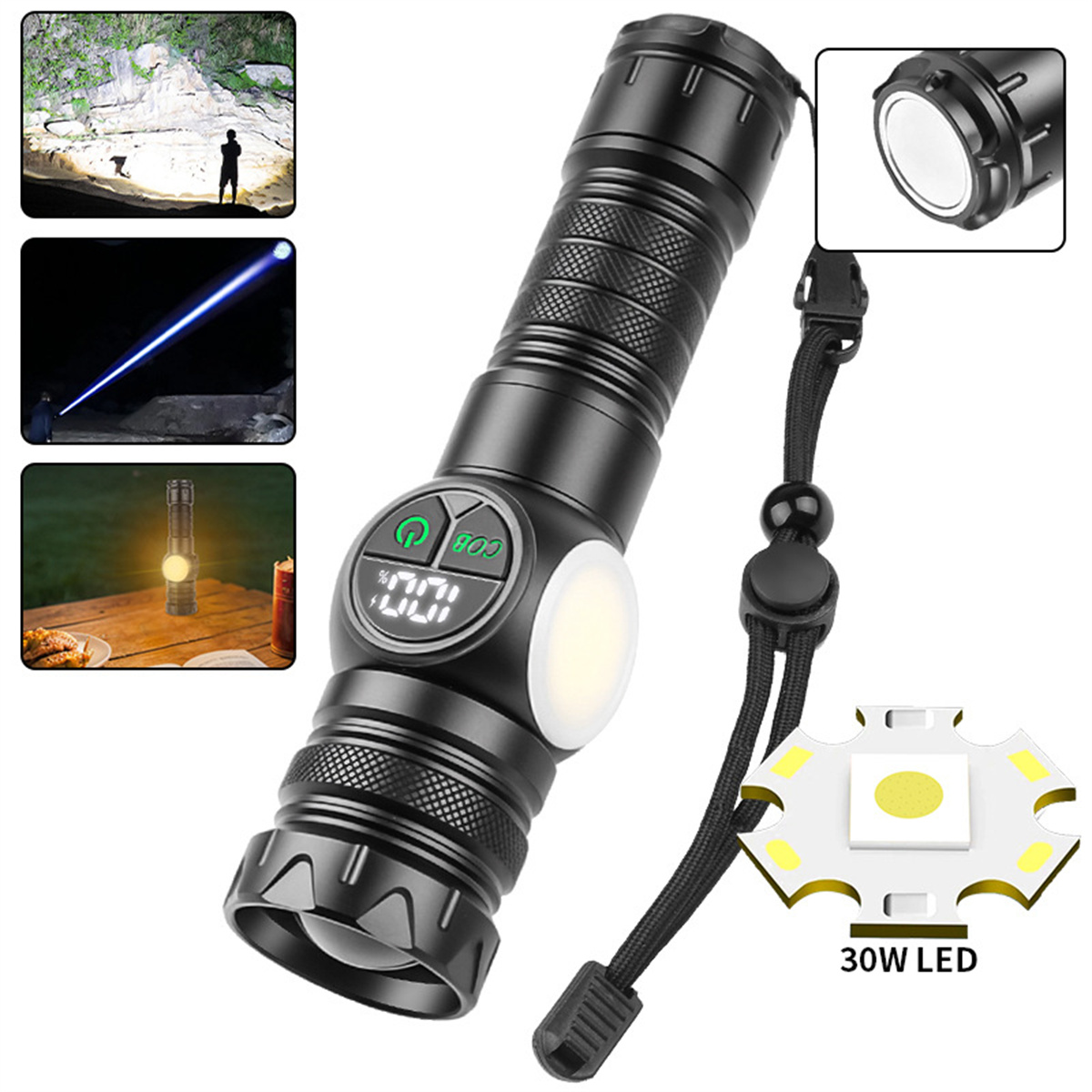 Eine schwarze Taschenlampe mit mehreren Bildern, die ihre Lichtmodi zeigen.