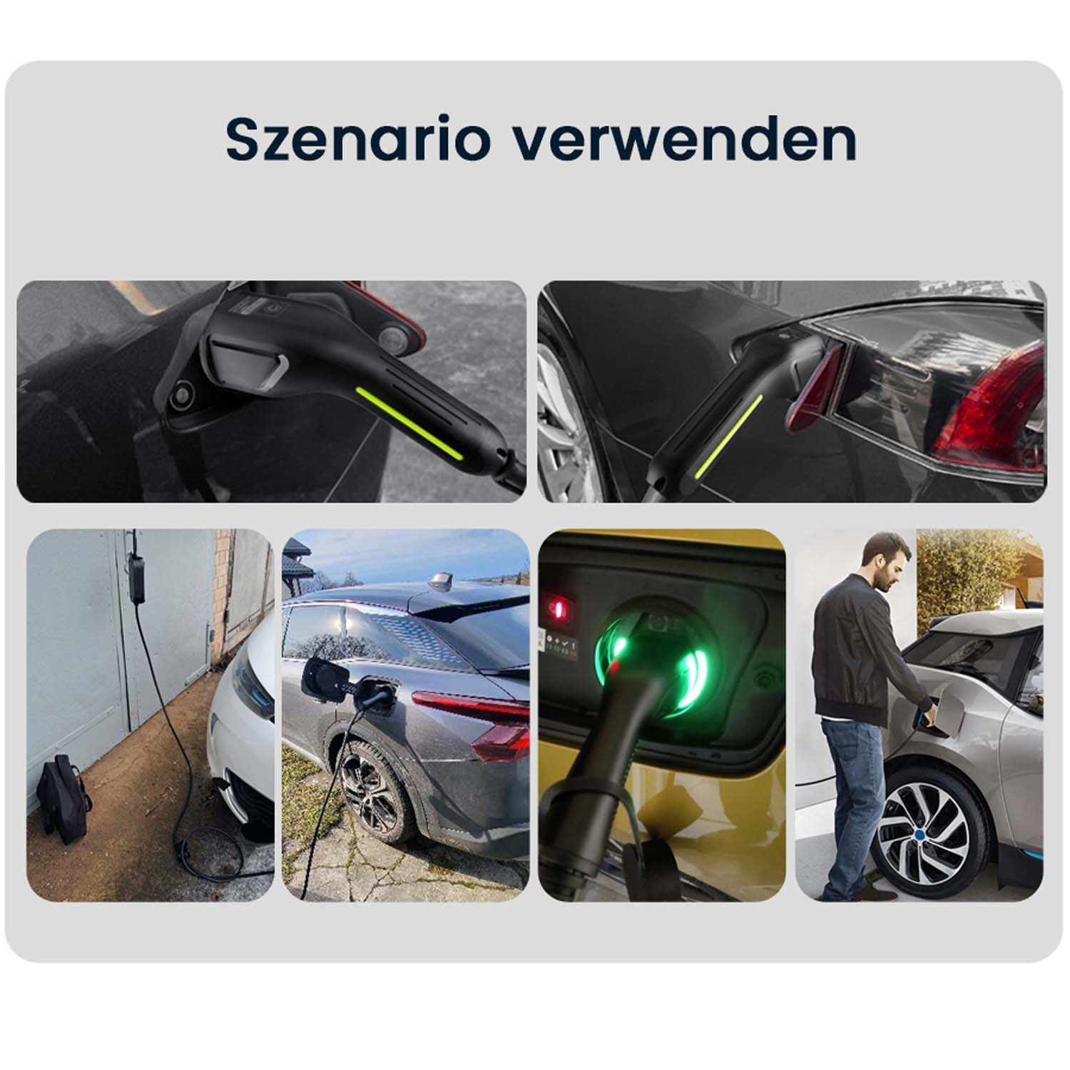 Seria zdjęć przedstawiających ładowanie samochodów elektrycznych. Różne stacje ładowania i samochody.