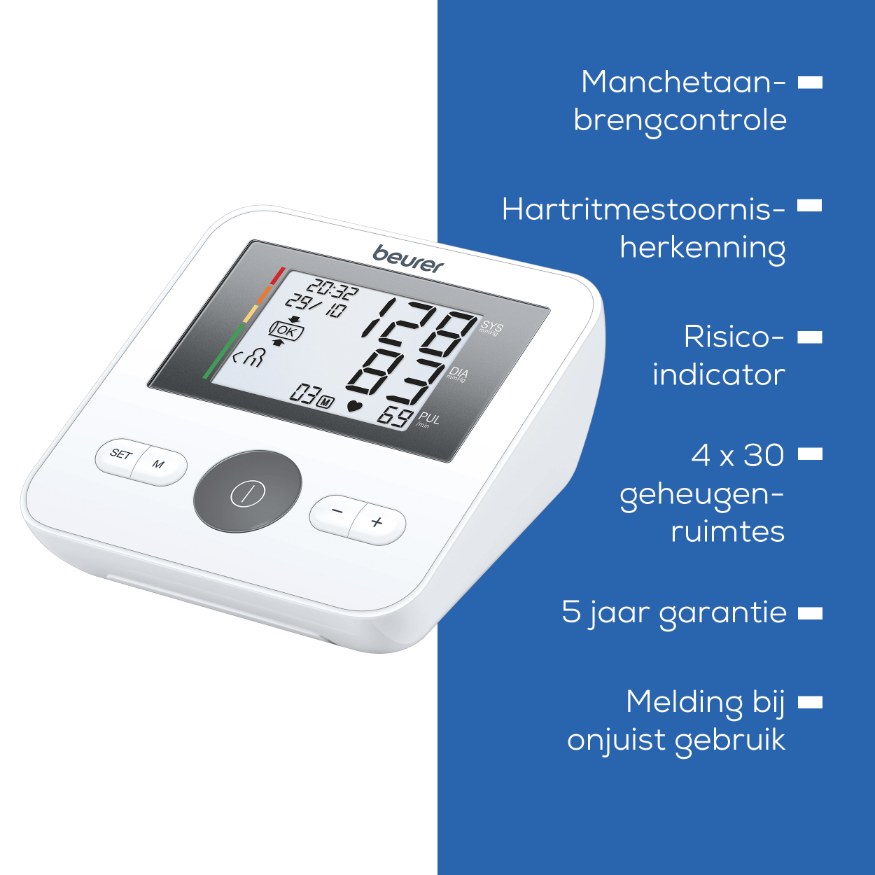 White blood pressure monitor with a digital display, on a white and blue background.