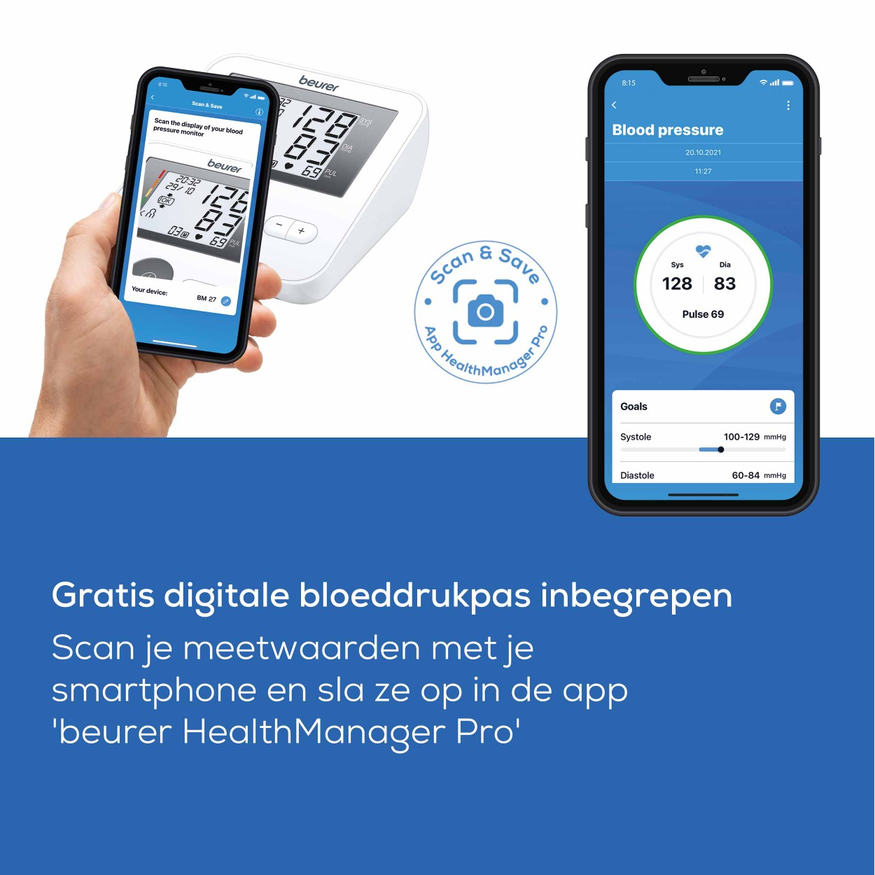 Smartphone connected to a blood pressure monitor, showing readings on both devices.