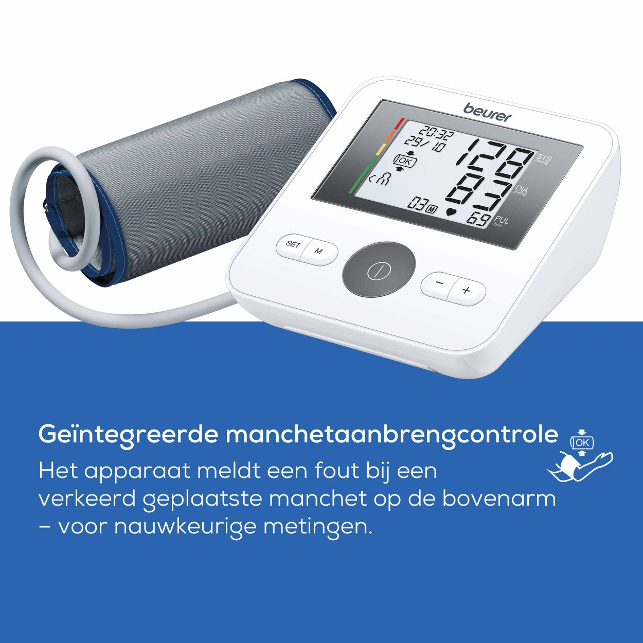 Blood pressure monitor with a cuff and a digital screen.