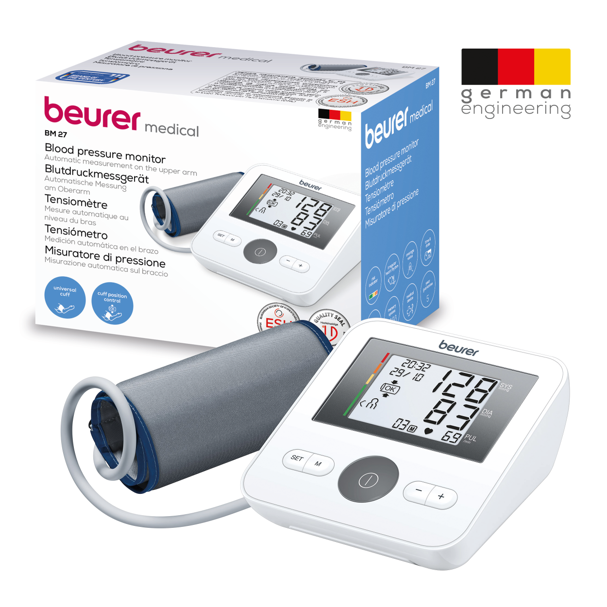 Blood pressure monitor and cuff. Display shows readings and German text. Box with German flag.