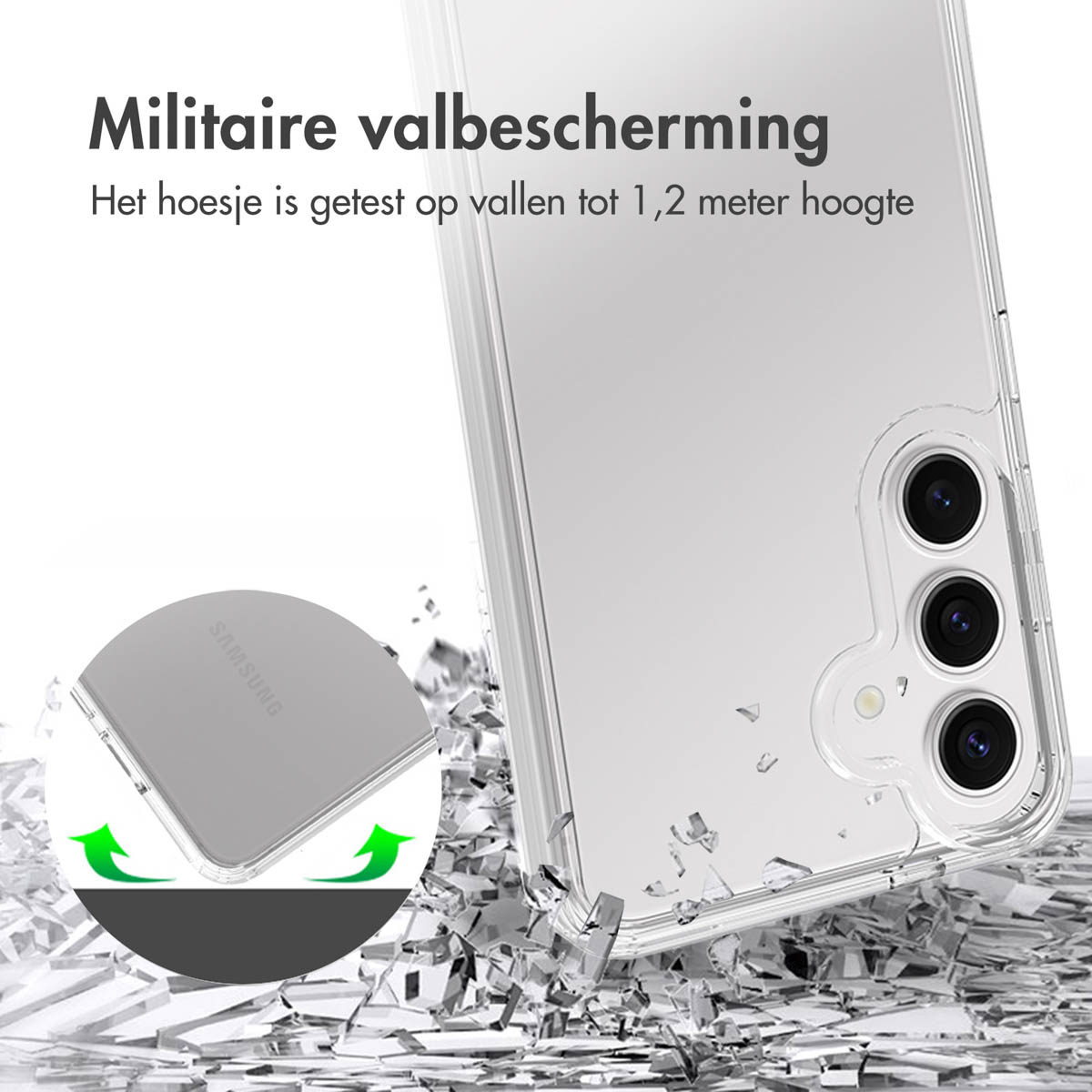 Custodia trasparente per telefono che protegge un telefono. Lo sfondo è bianco.