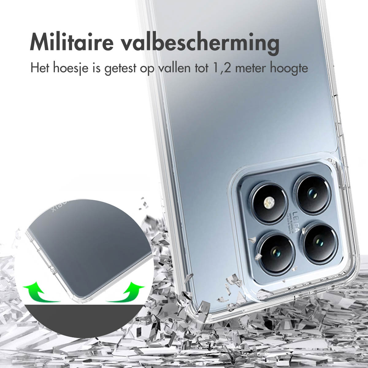 Telefono in custodia trasparente, testo olandese su protezione cadute.