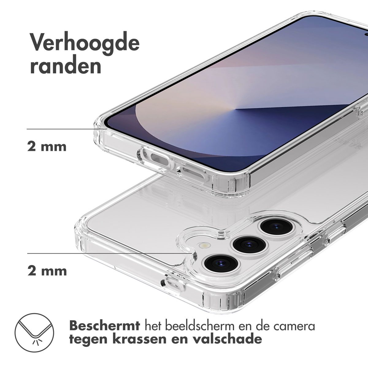 Transparente Handyhülle mit Schutz für Bildschirm und Kamera, mit erhöhten Kanten.