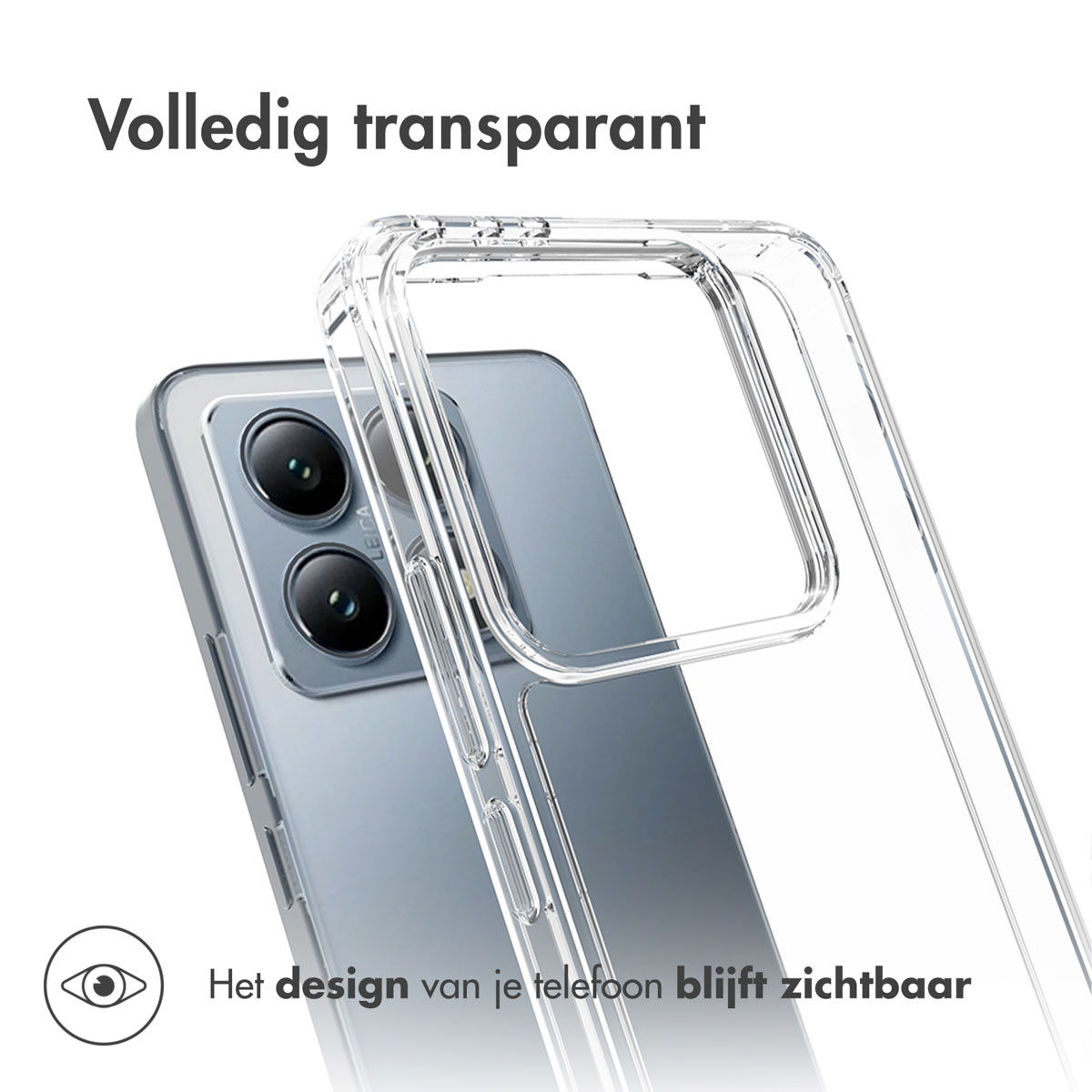 Custodia trasparente per telefono. Il telefono è visibile all'interno della custodia.