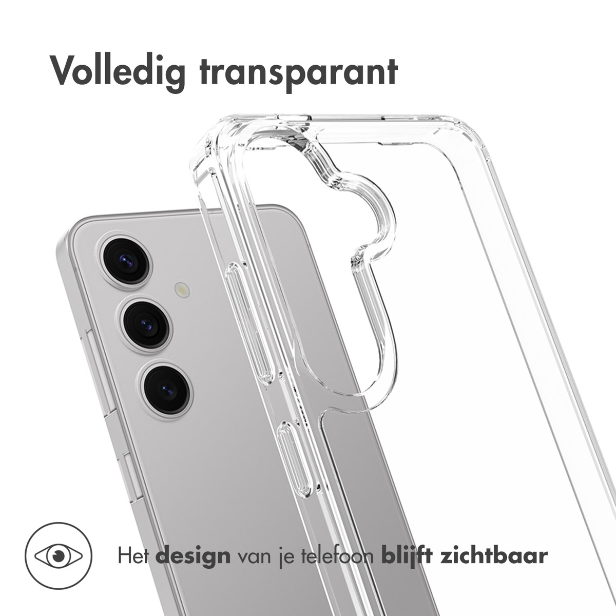 Telefon in klarer Hülle. Text oben: 'Vollkommen transparent'. Design sichtbar.