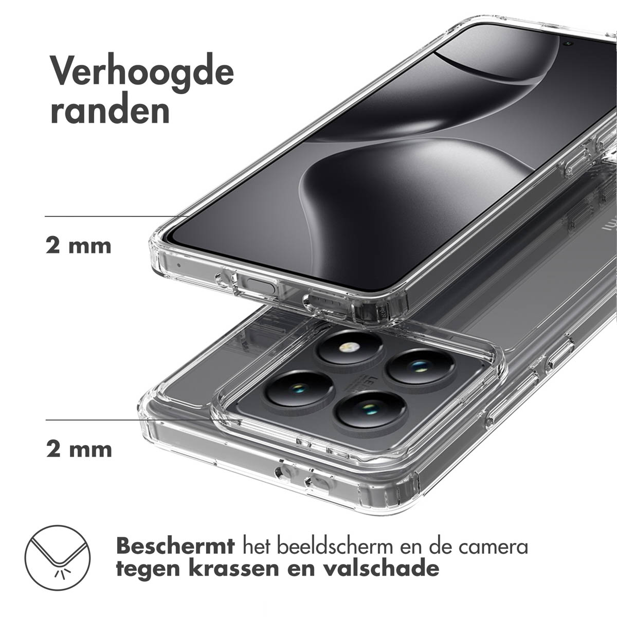 Une coque de téléphone transparente avec du texte en néerlandais, montrant le téléphone dedans.