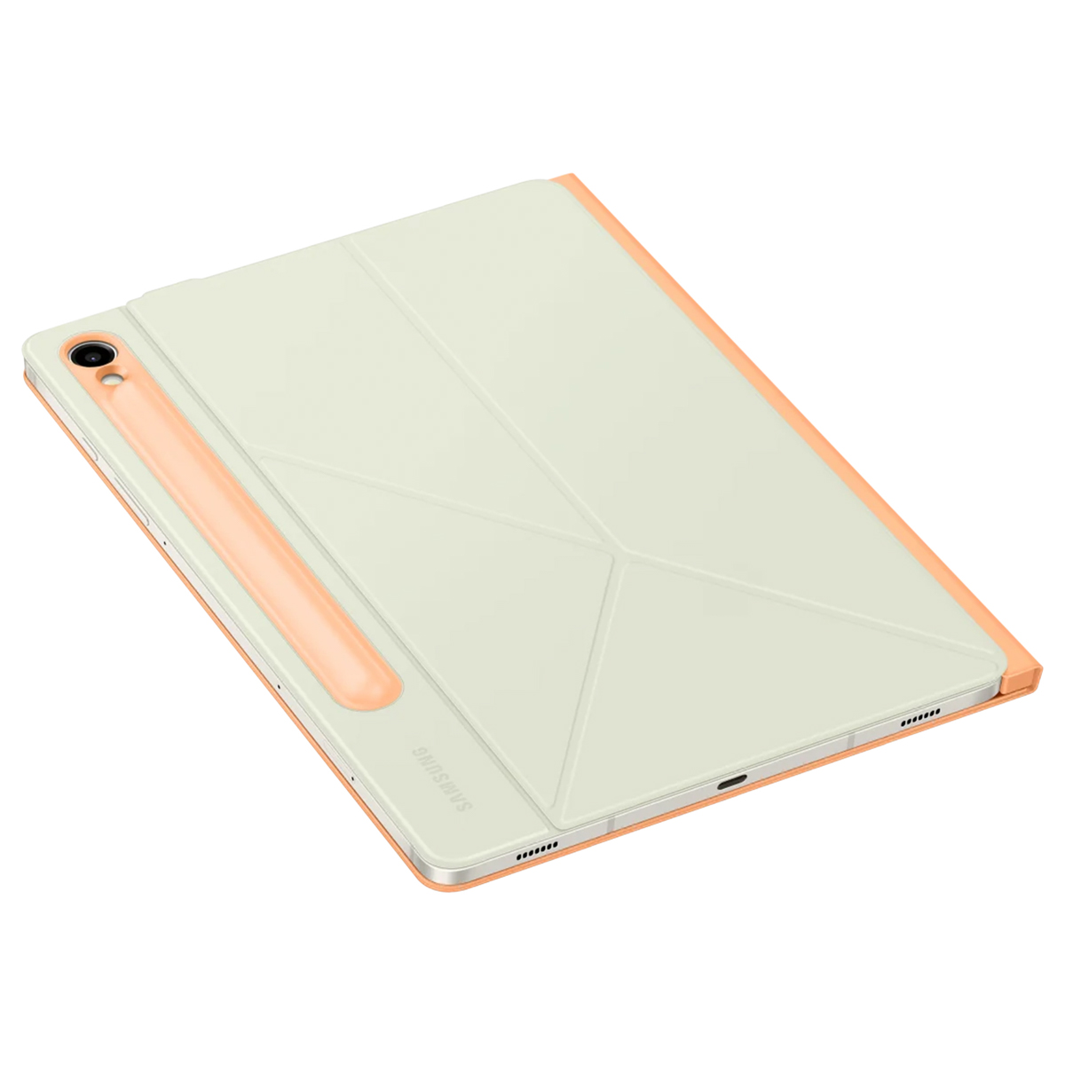 Étui de tablette crème et orange. La tablette est à l'intérieur. Le fond est blanc.