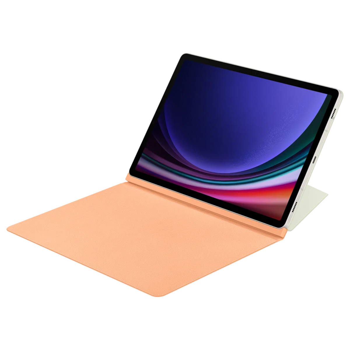 Une tablette avec un étui clavier couleur pêche, sur fond blanc.