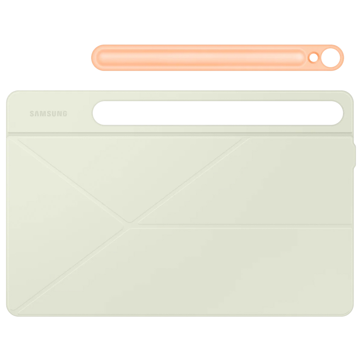 Étui de tablette couleur crème avec un stylet orange sur fond blanc, logo Samsung.