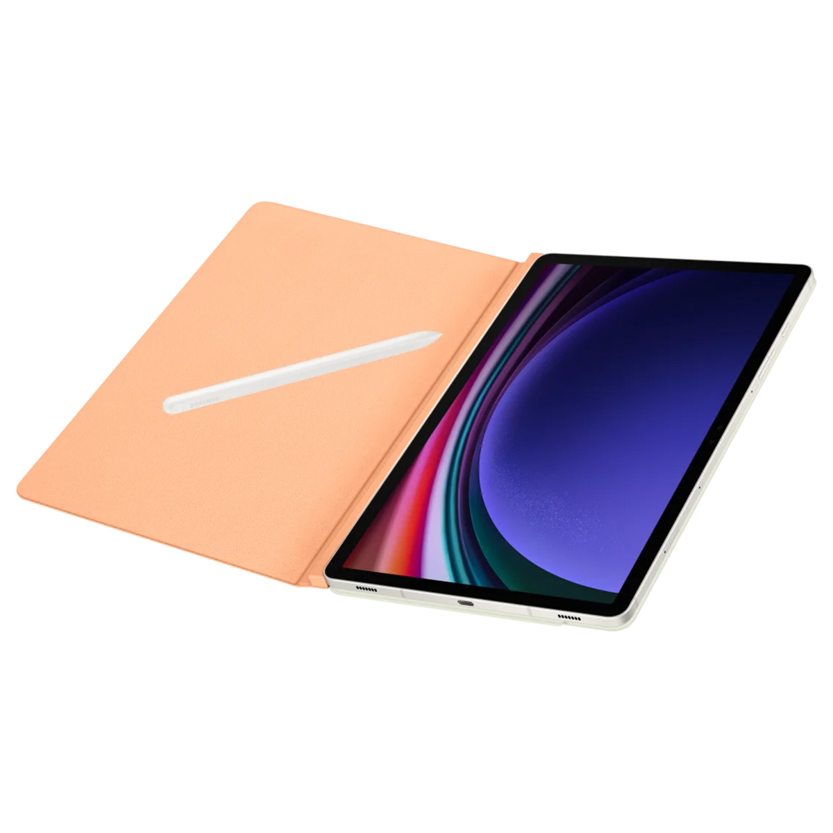 Tablette avec étui orange et stylo blanc sur une surface blanche.