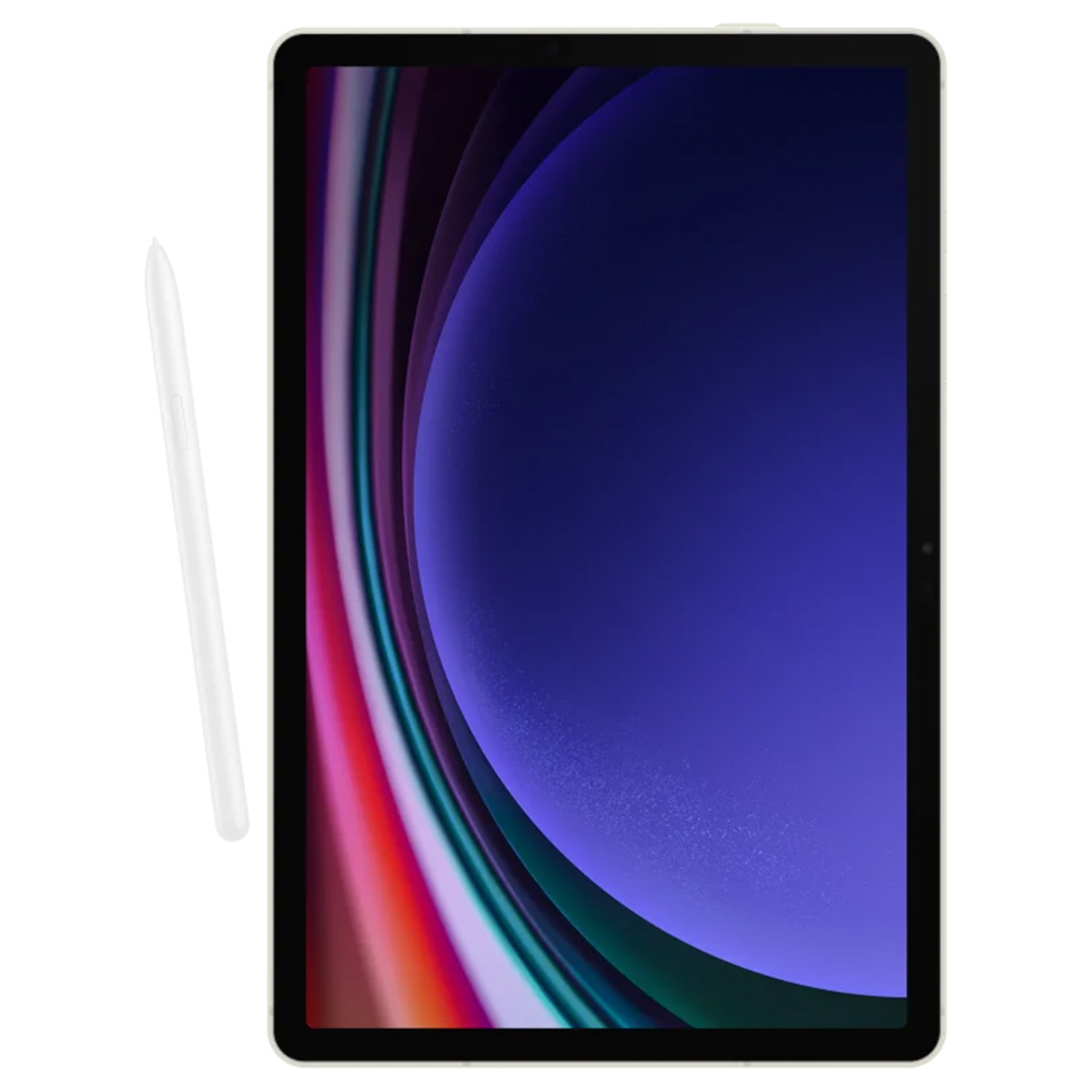 Tablette avec stylet blanc. Écran affiche des formes abstraites.