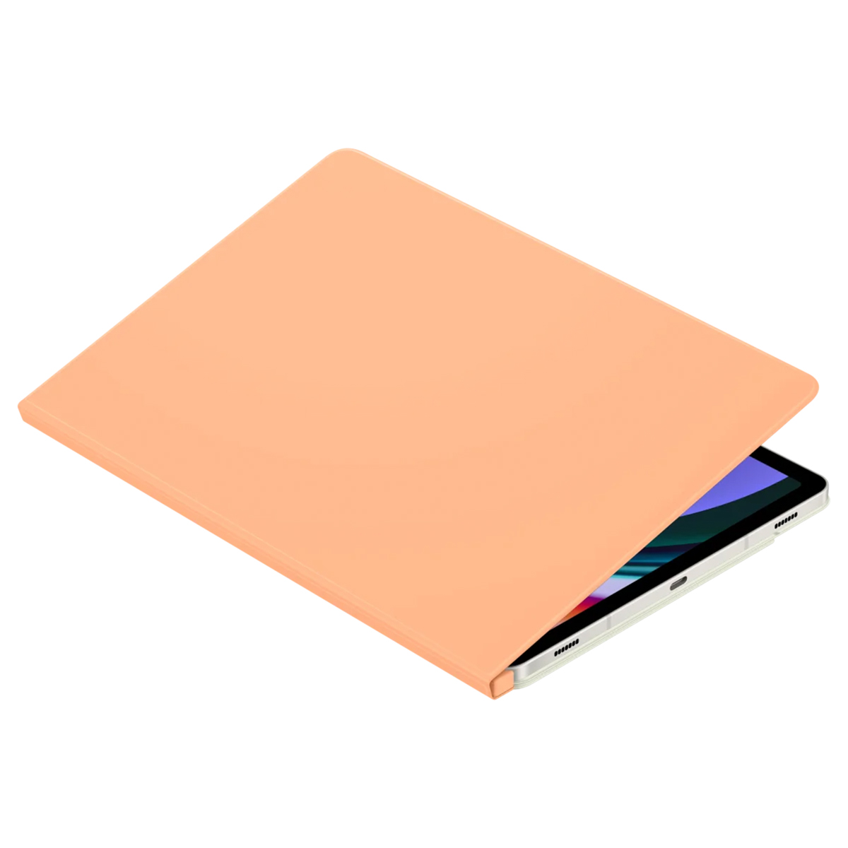 Tablette dans un étui orange. Tablette partiellement visible.