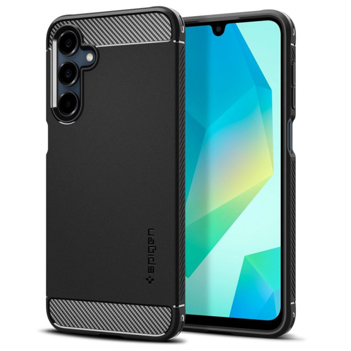 Zwart telefoonhoesje met koolstofvezel accenten. De telefoon staat rechts.