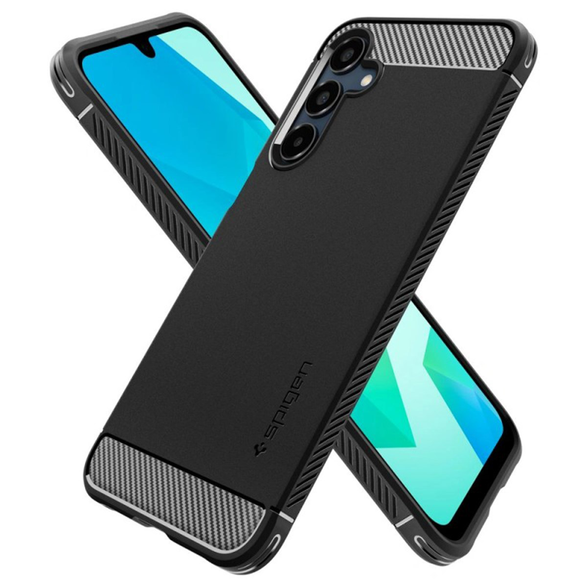 Twee zwarte telefoonhoesjes met koolstofvezel accenten zijn gekruist. De schermen zijn blauw.