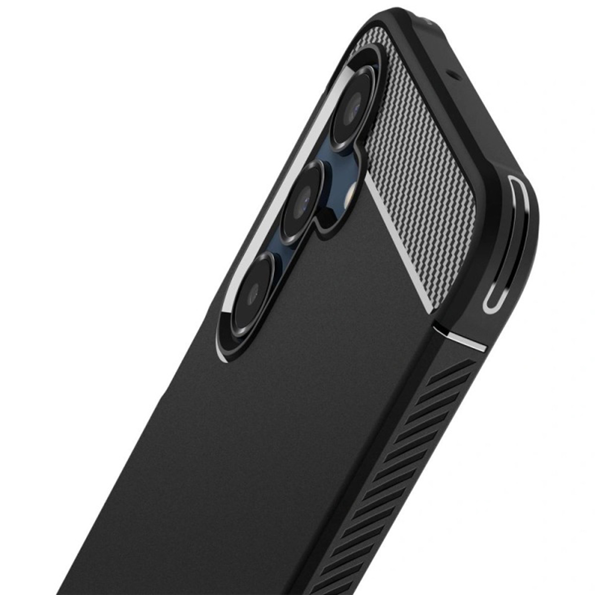 Zwart telefoonhoesje. De telefoon heeft drie camera's en koolstofvezel accenten.