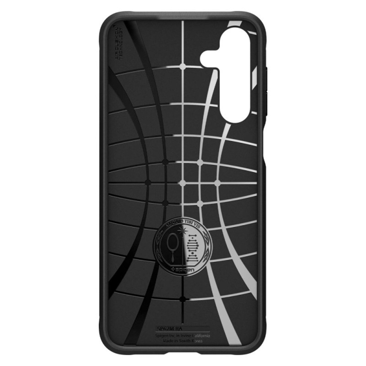 Zwart telefoonhoesje. De binnenkant heeft een wit rasterpatroon met Spigen-logo en tekst.
