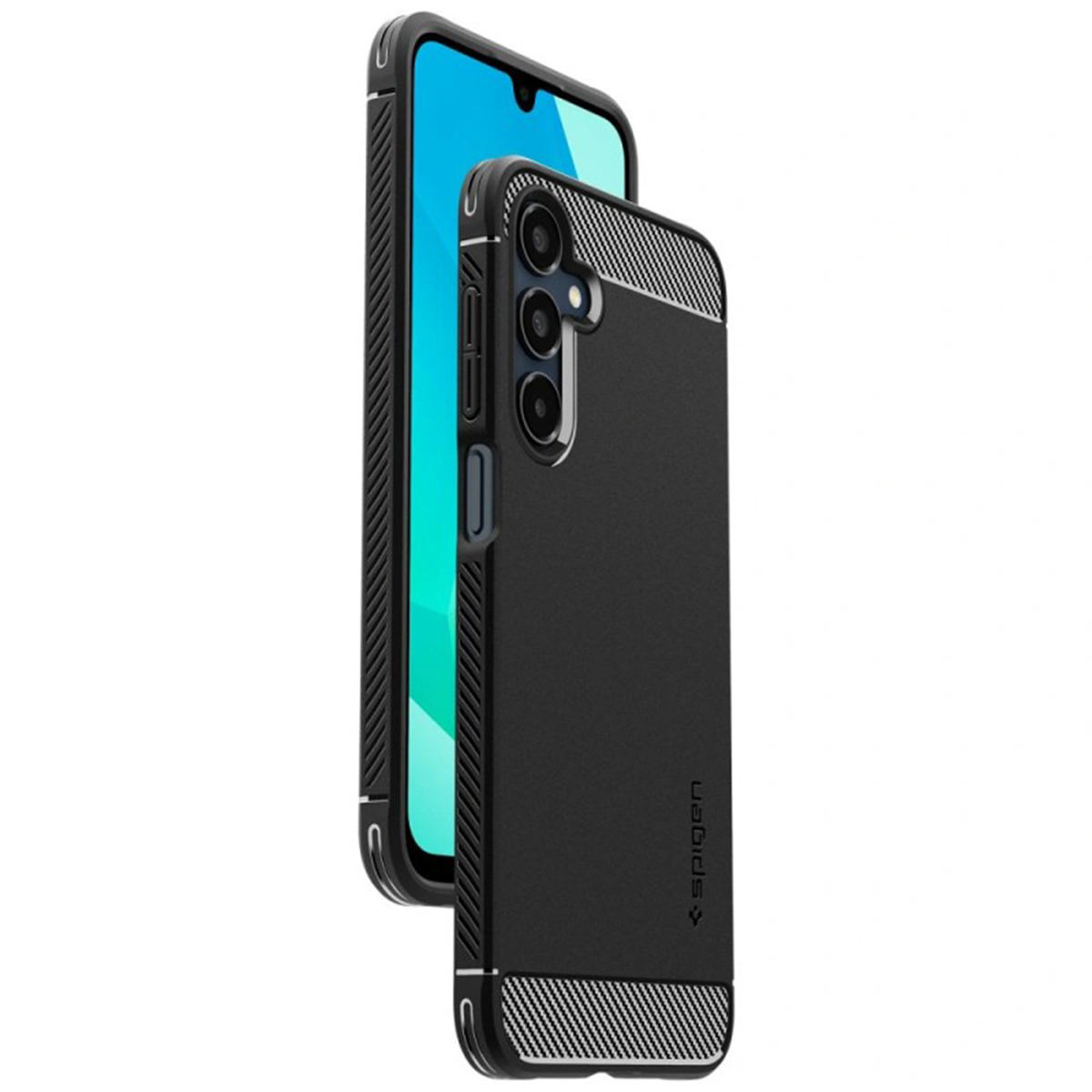 Zwart telefoonhoesje met koolstofvezel accenten. Een telefoon staat ervoor.