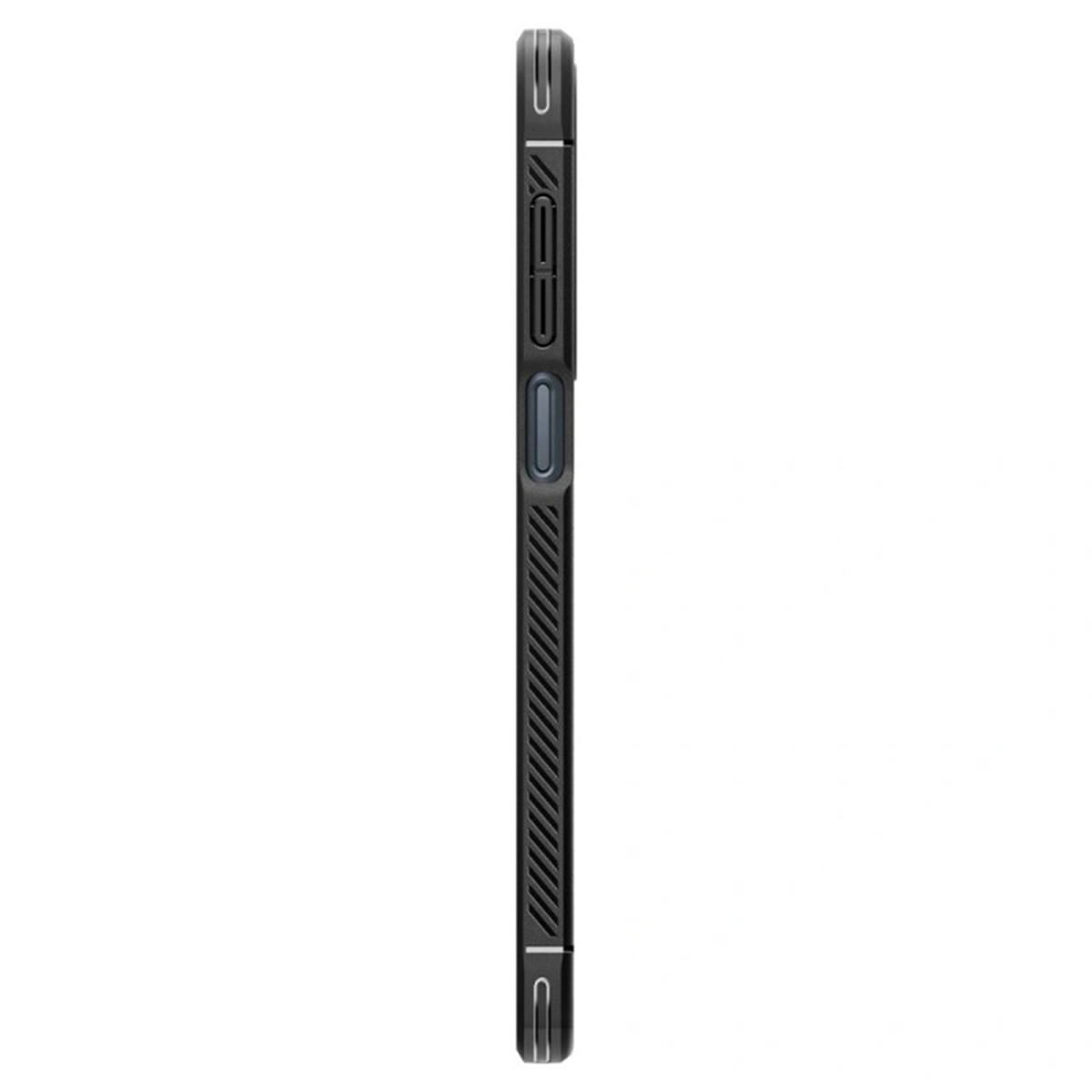 Zwart telefoonhoesje van de zijkant. De hoes heeft een textuurpatroon en koolstofvezel accenten.