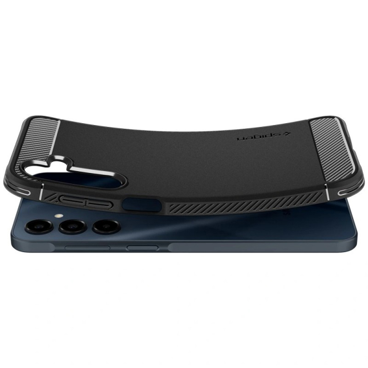 Zwart telefoonhoesje met koolstofvezel accenten. De telefoon staat op een blauw scherm.