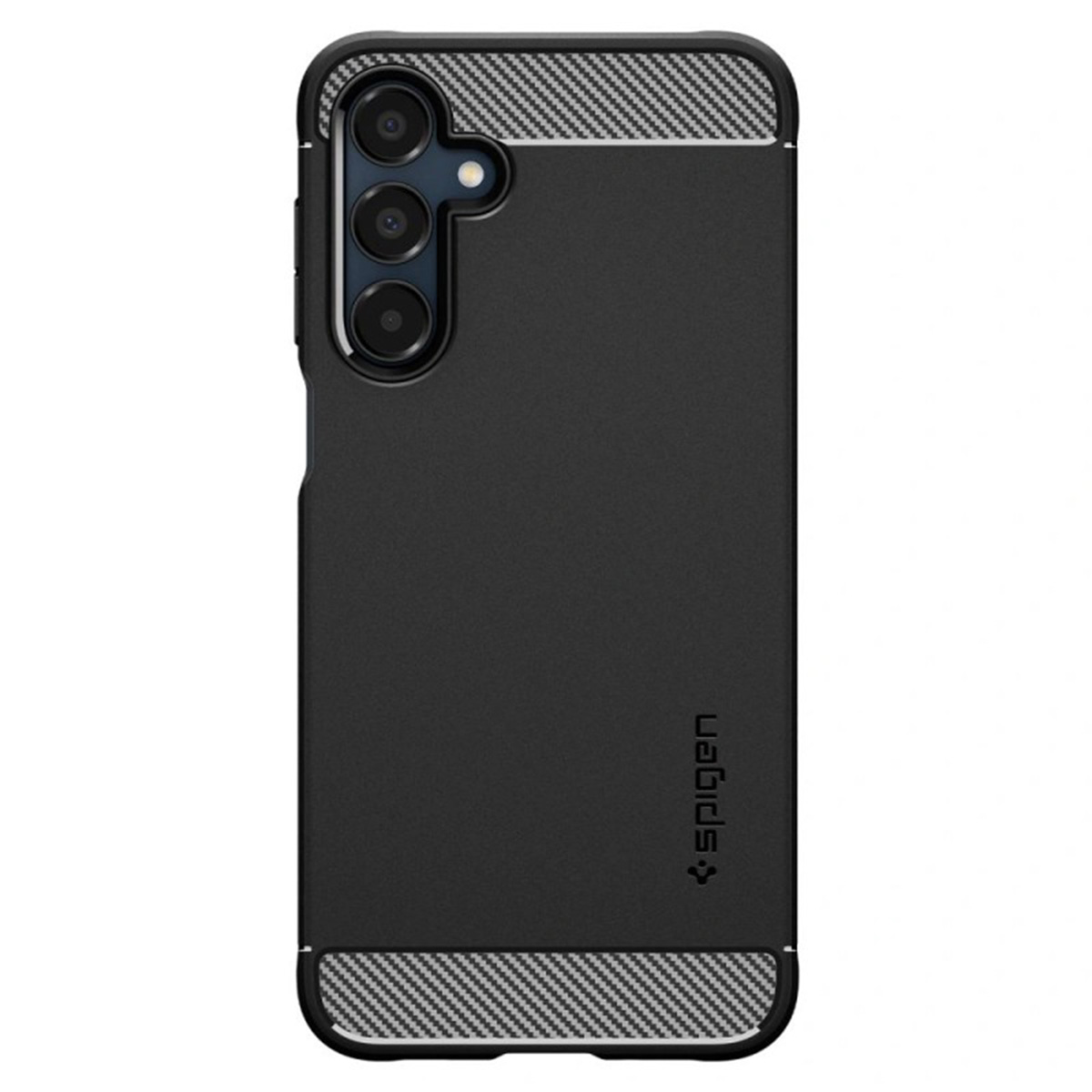 Zwart telefoonhoesje met koolstofvezel accenten. De telefoon heeft drie camera's.