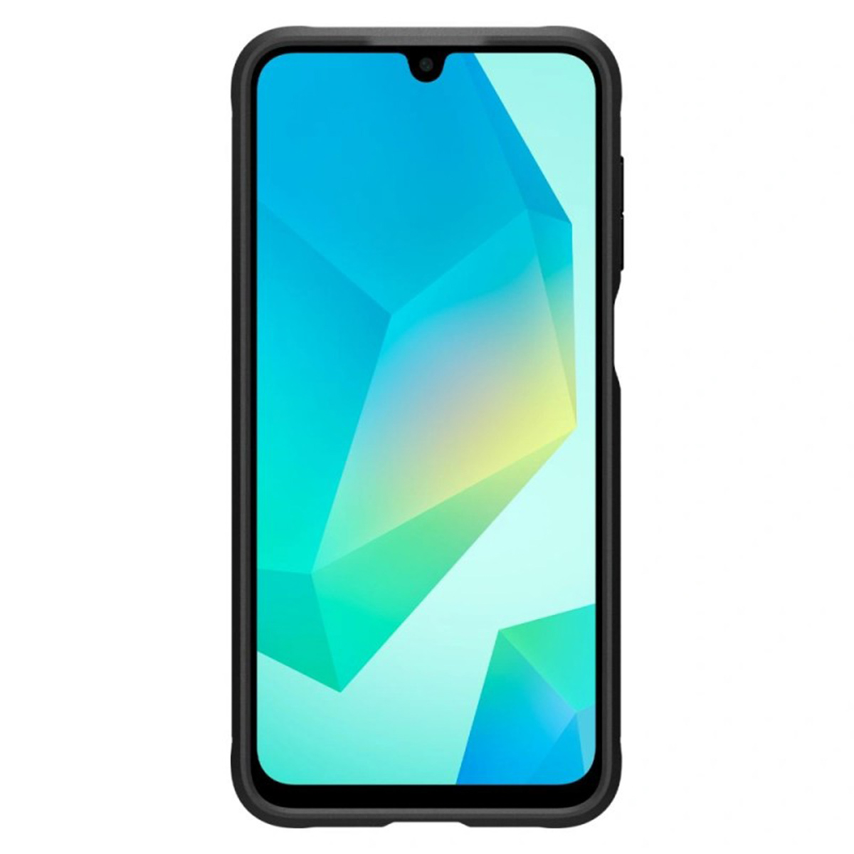 Telefoonhoesje met een blauw scherm. De hoes heeft een zwarte rand.