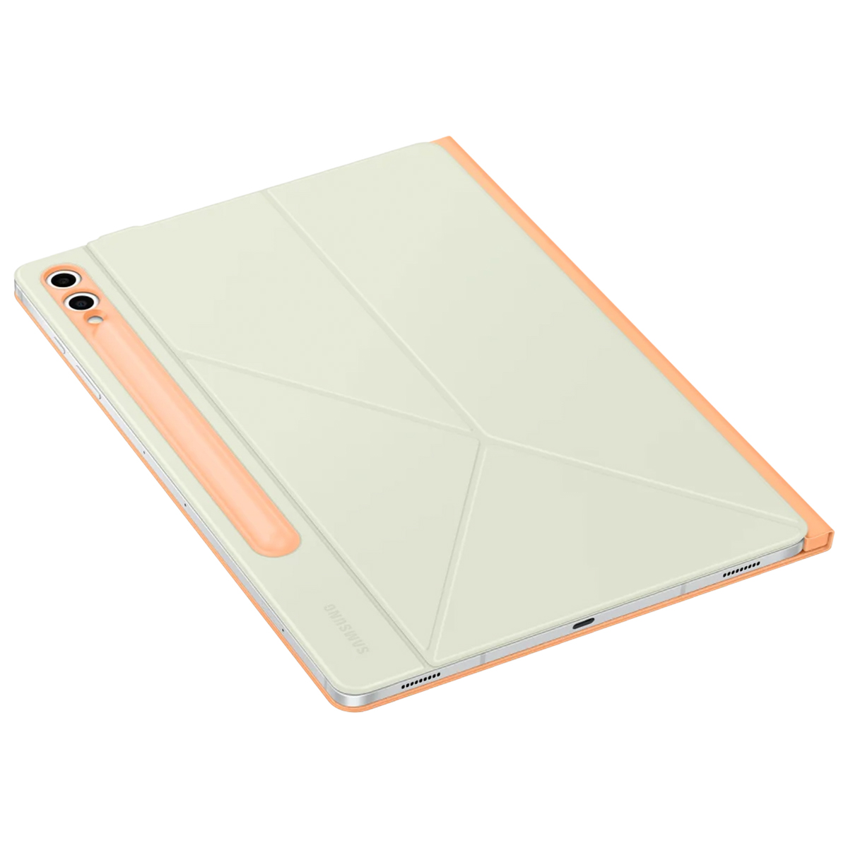 Étui de tablette avec une couverture beige clair et un support orange pliable.
