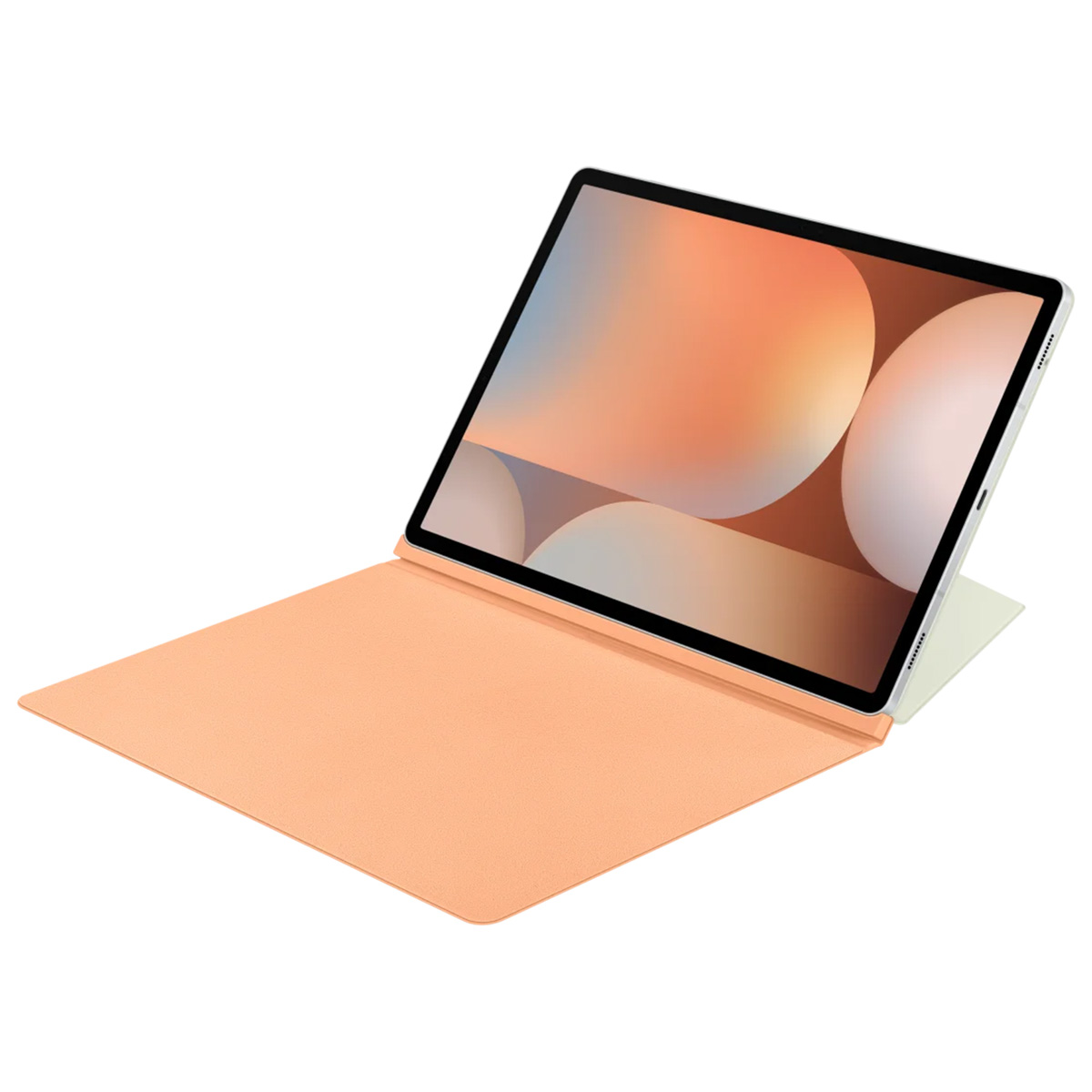Tablette avec couverture orange, ouverte, sur une surface blanche.