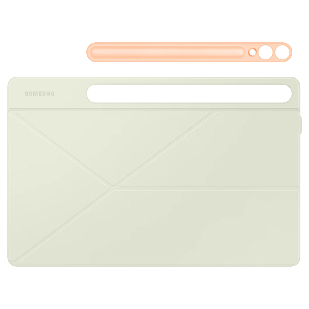 Étui de tablette couleur crème avec support de stylet orange, sur fond blanc.