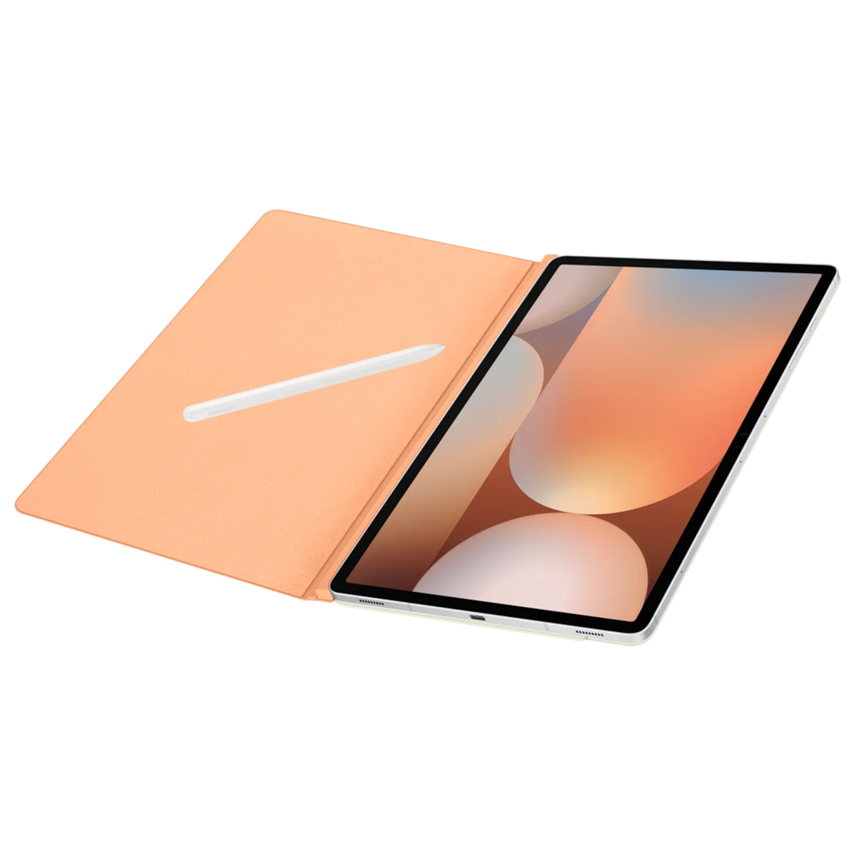 Une tablette avec un stylet posée ouverte sur un étui pêche, sur une surface blanche.