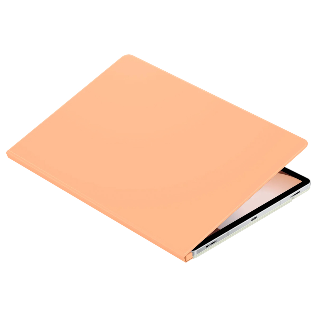Étui de tablette orange couvrant une tablette. La tablette est ouverte.