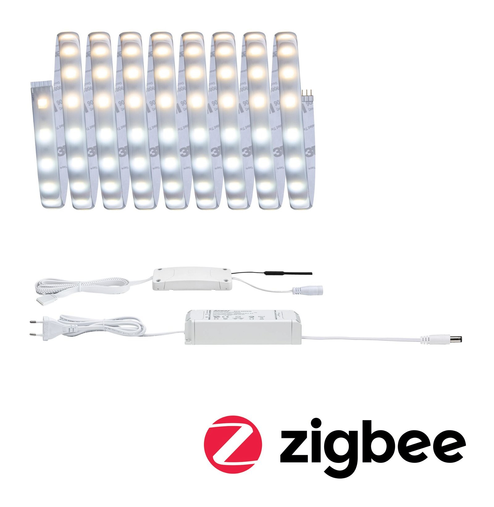 Paski świetlne LED, elementy zasilacza i logo Zigbee są wyświetlane.
