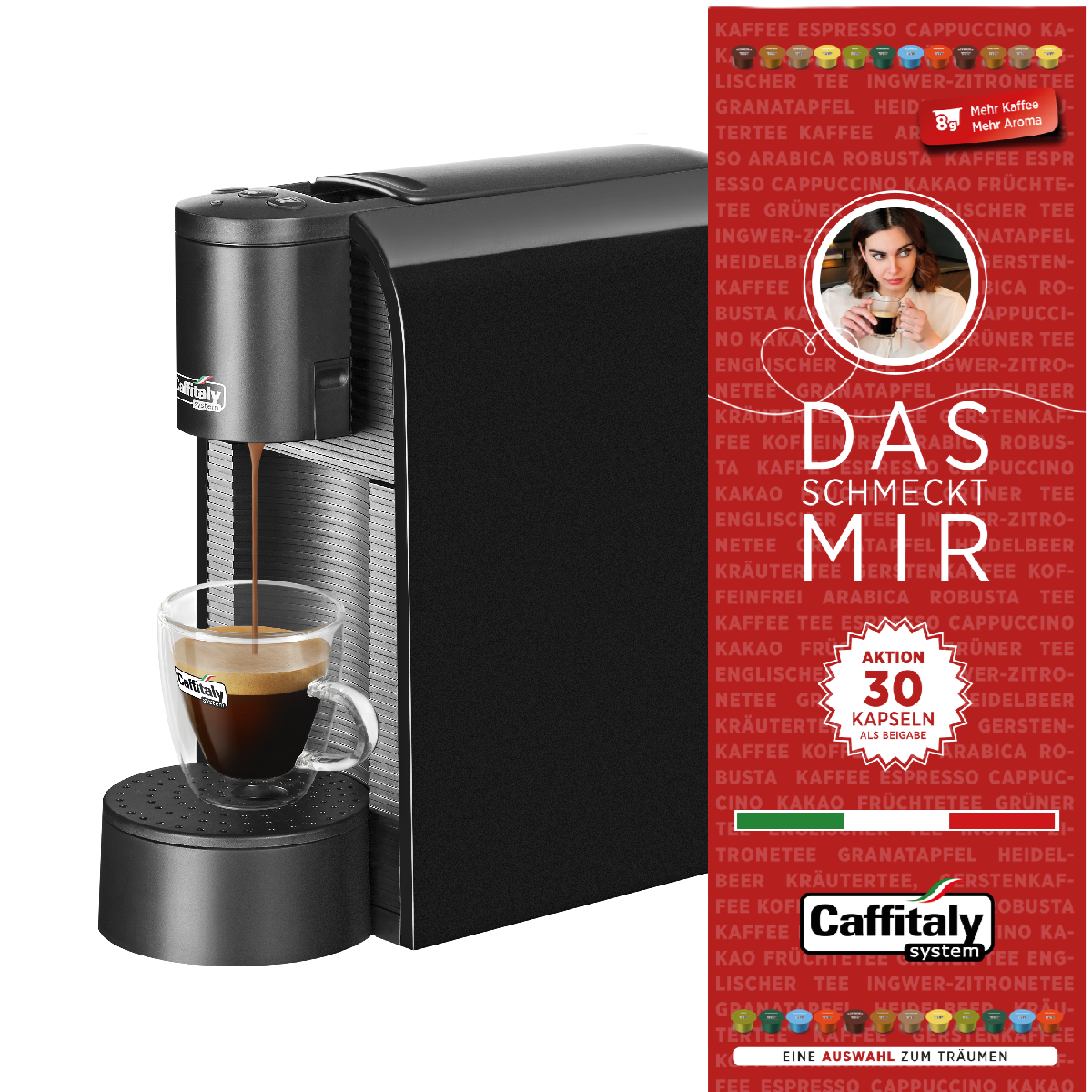Schwarze Kaffeemaschine mit Glas und Werbebanner.