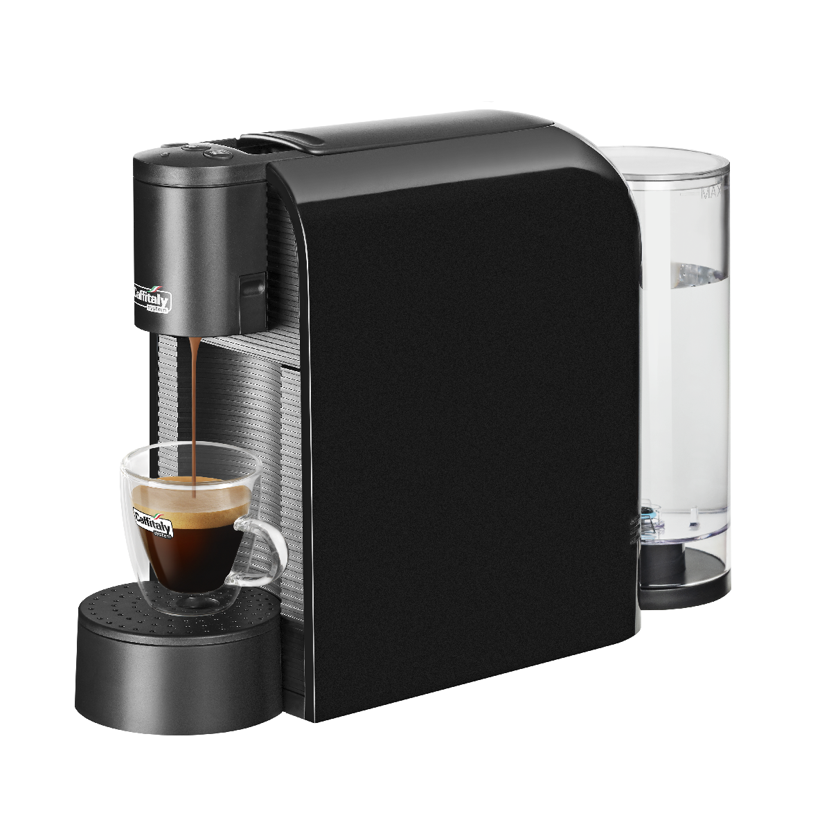 Eine schwarze Kaffeemaschine, die Espresso in ein Glas brüht.