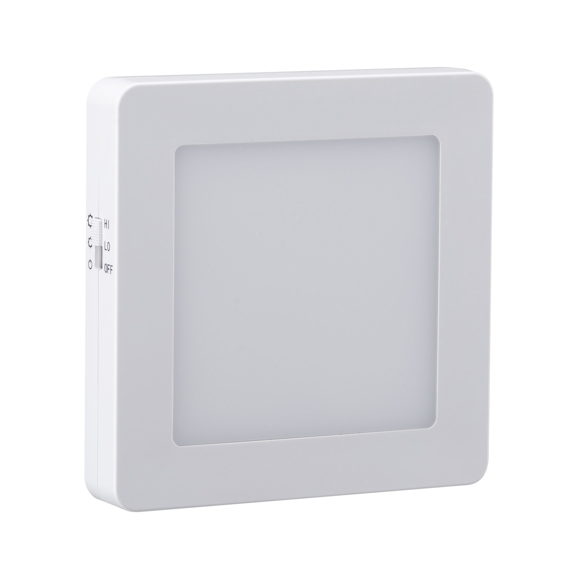 Quadratische LED-Panel-Leuchte mit Ein-/Ausschalter und Helligkeitseinstellungen auf weißem Hintergrund.