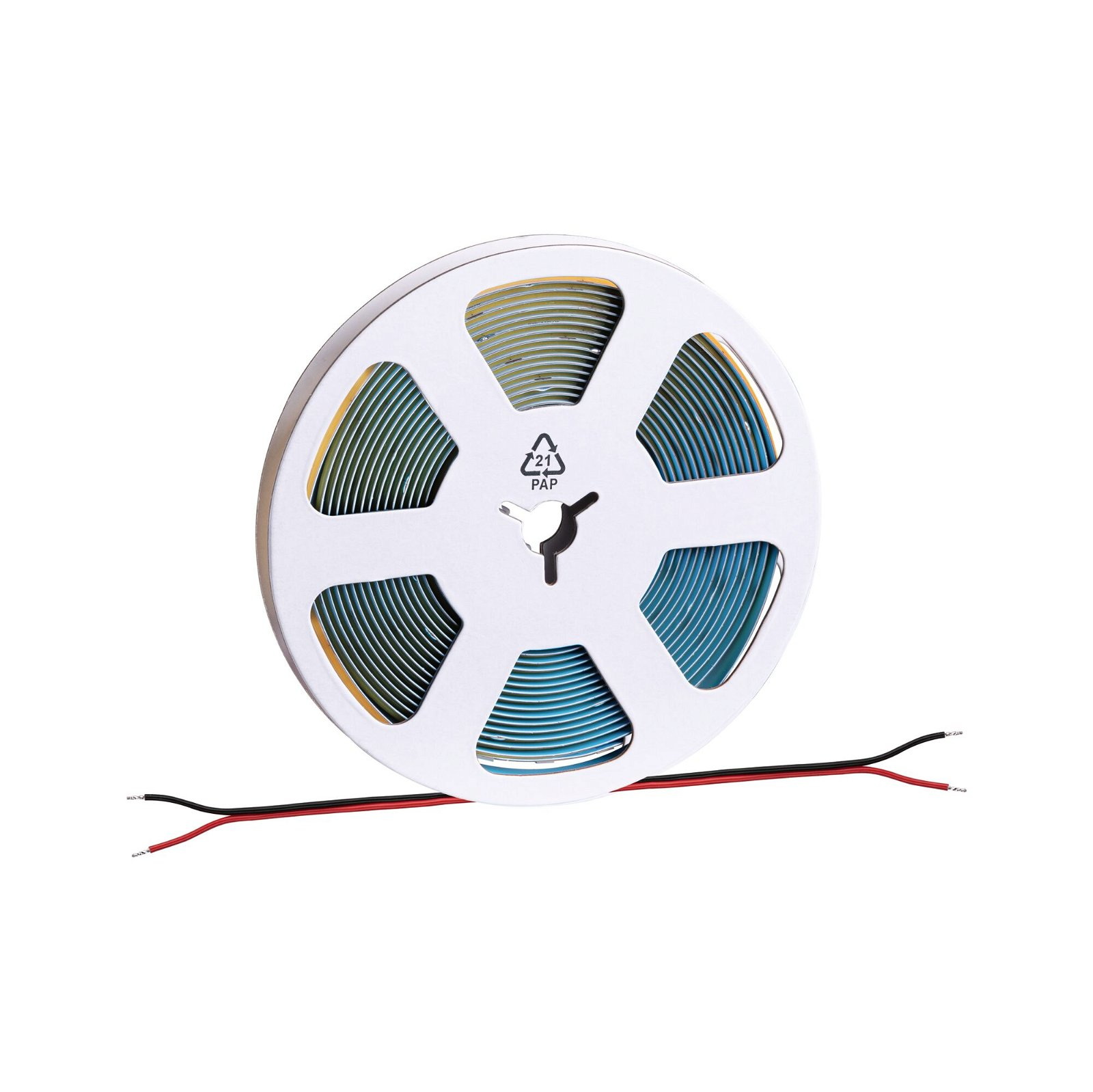 Szpula niebieskich listew świetlnych LED z przewodami. Białe tło.