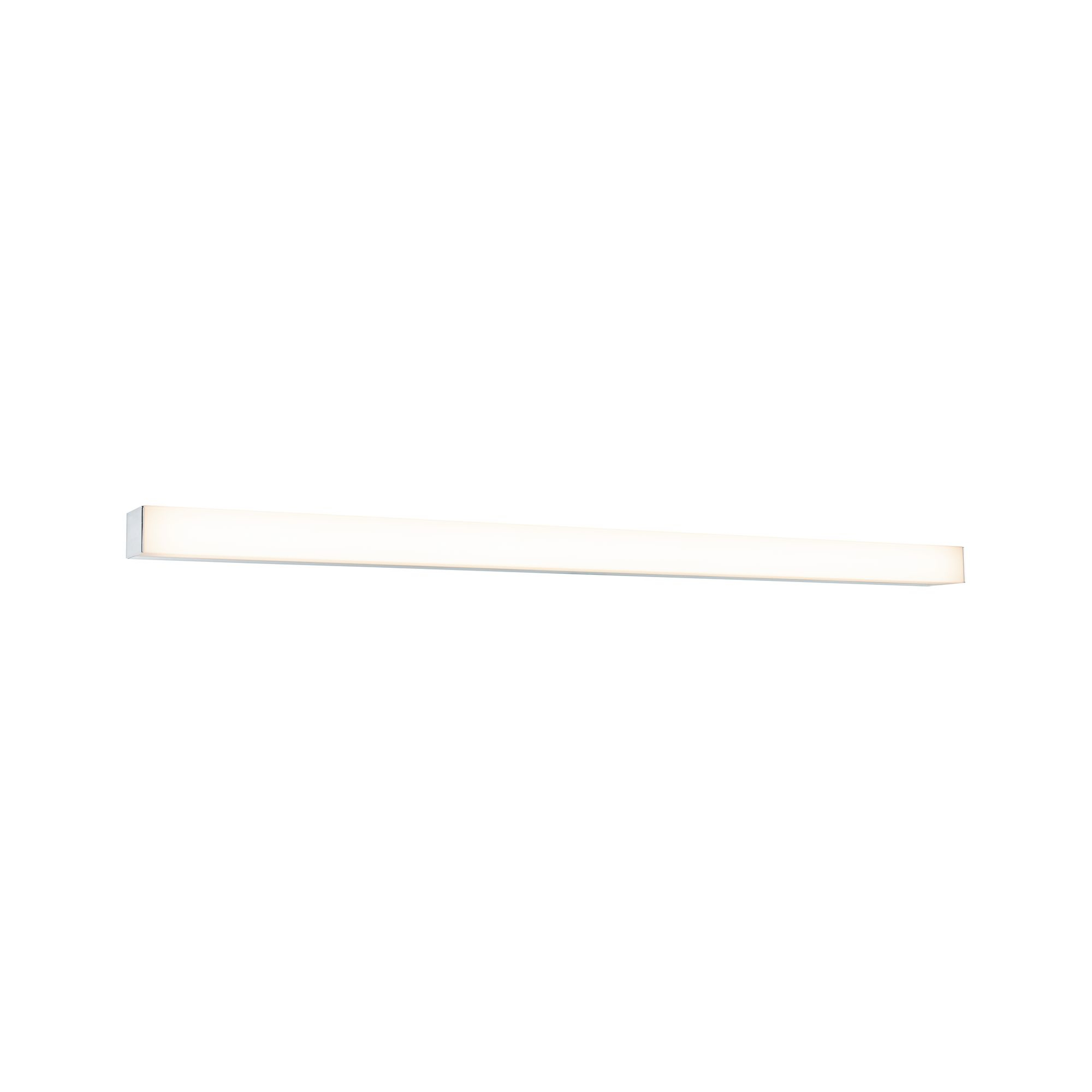 Un long luminaire rectangulaire blanc est contre un fond blanc.