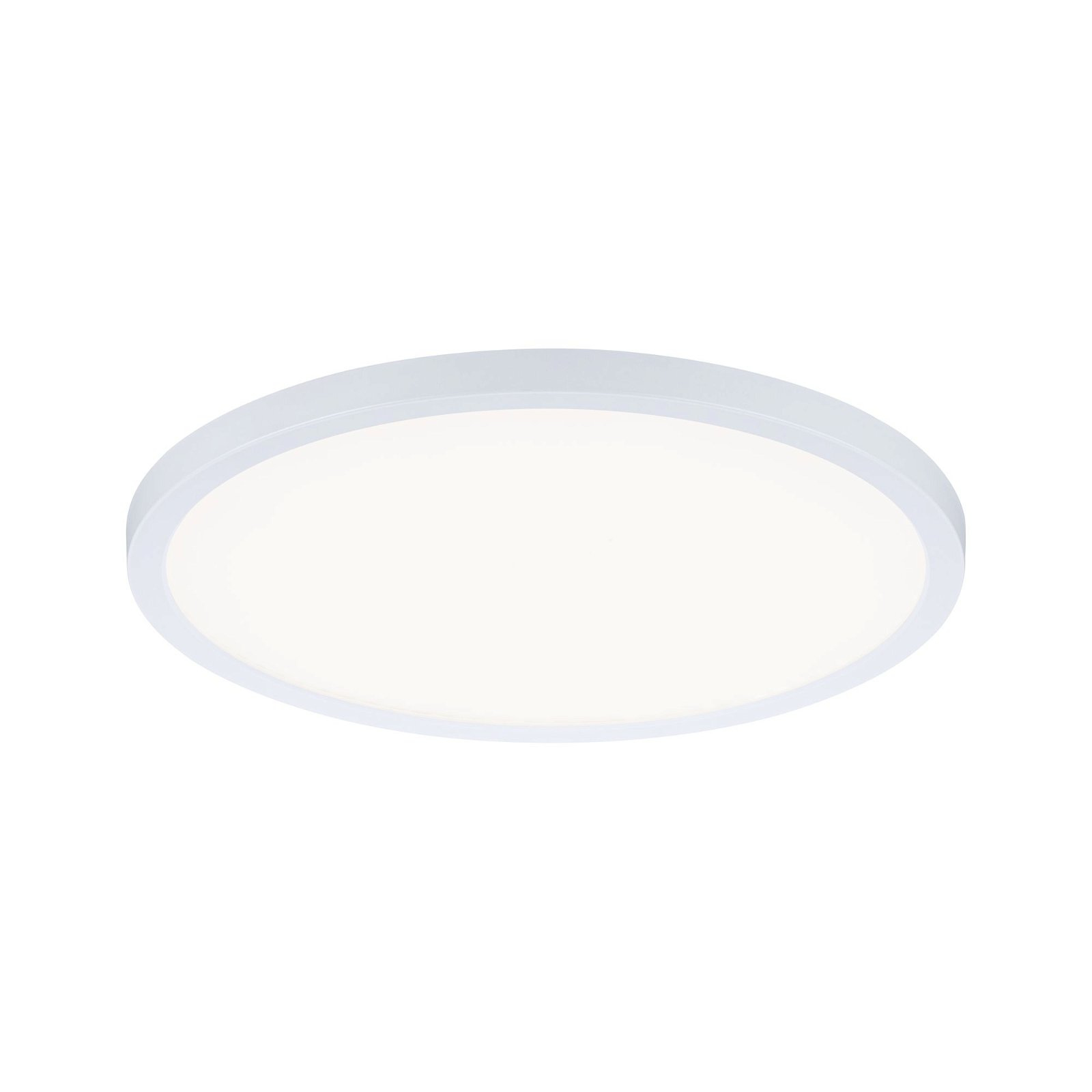 Biała, okrągła lampa sufitowa z jasnym, białym światłem emitowanym ze środka.